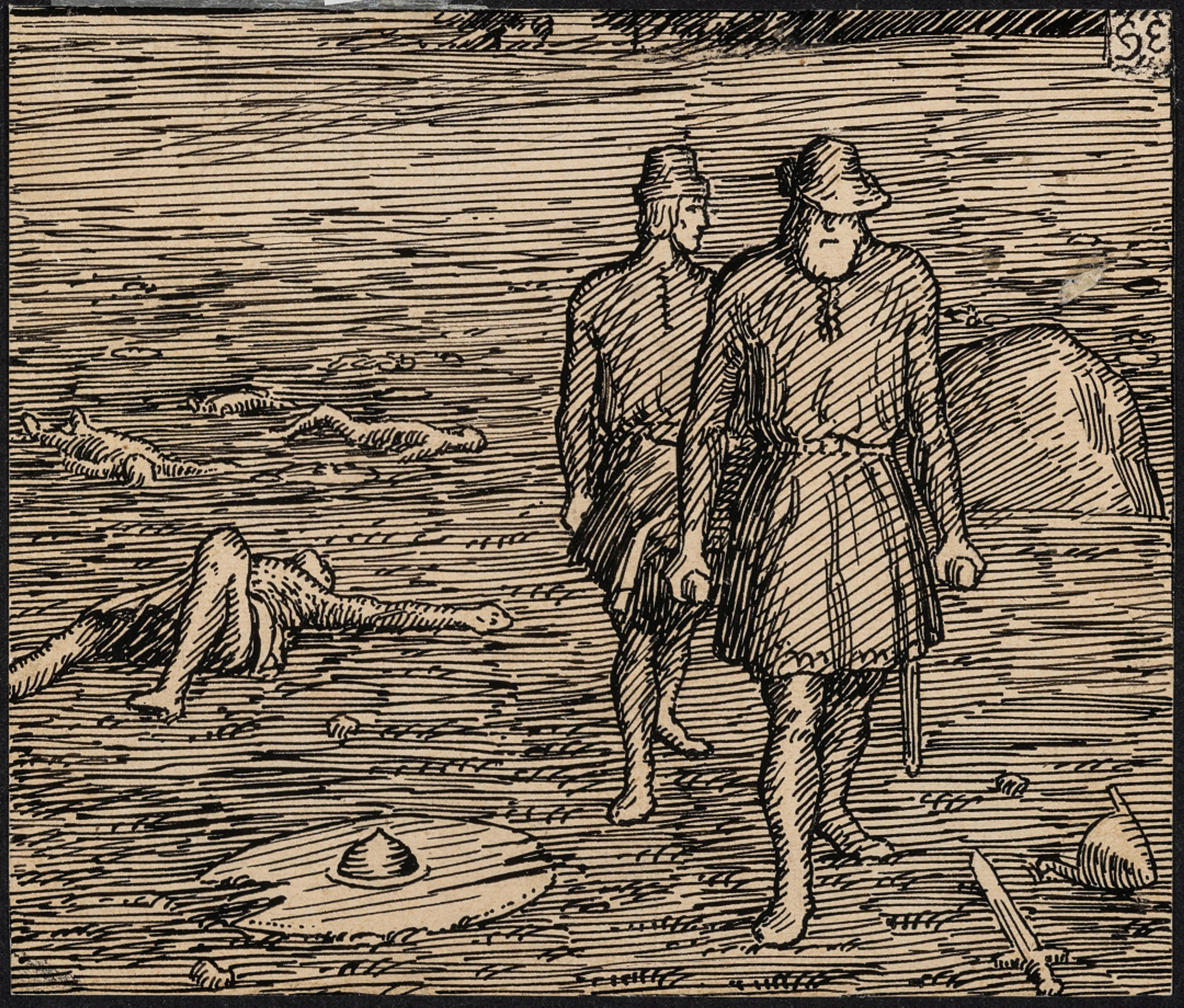 Torgils og Grim fører Olavs lik bort / Torgils and Grim takes the body of Olav away, 1899 (est.)    Halfdan Egedius (1877–1899)	  Blekk på papir / Ink on paper  Kode, Rasmus Meyers samlinger / The Rasmus Meyer Collection 