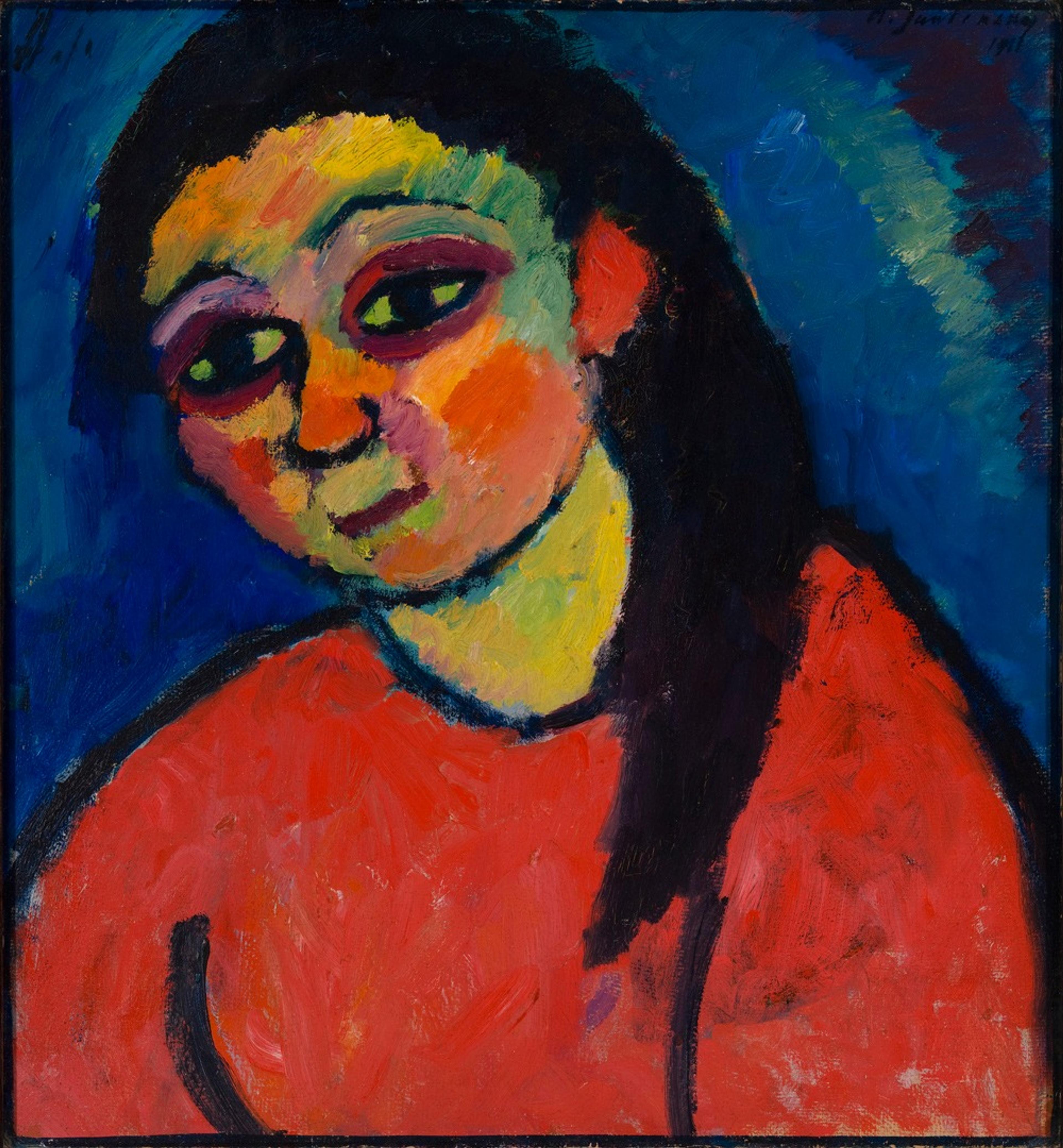 Et maleri i sterke, klare farger, i rødt, blått, sort og gult, viser et portrett av en kvinne.