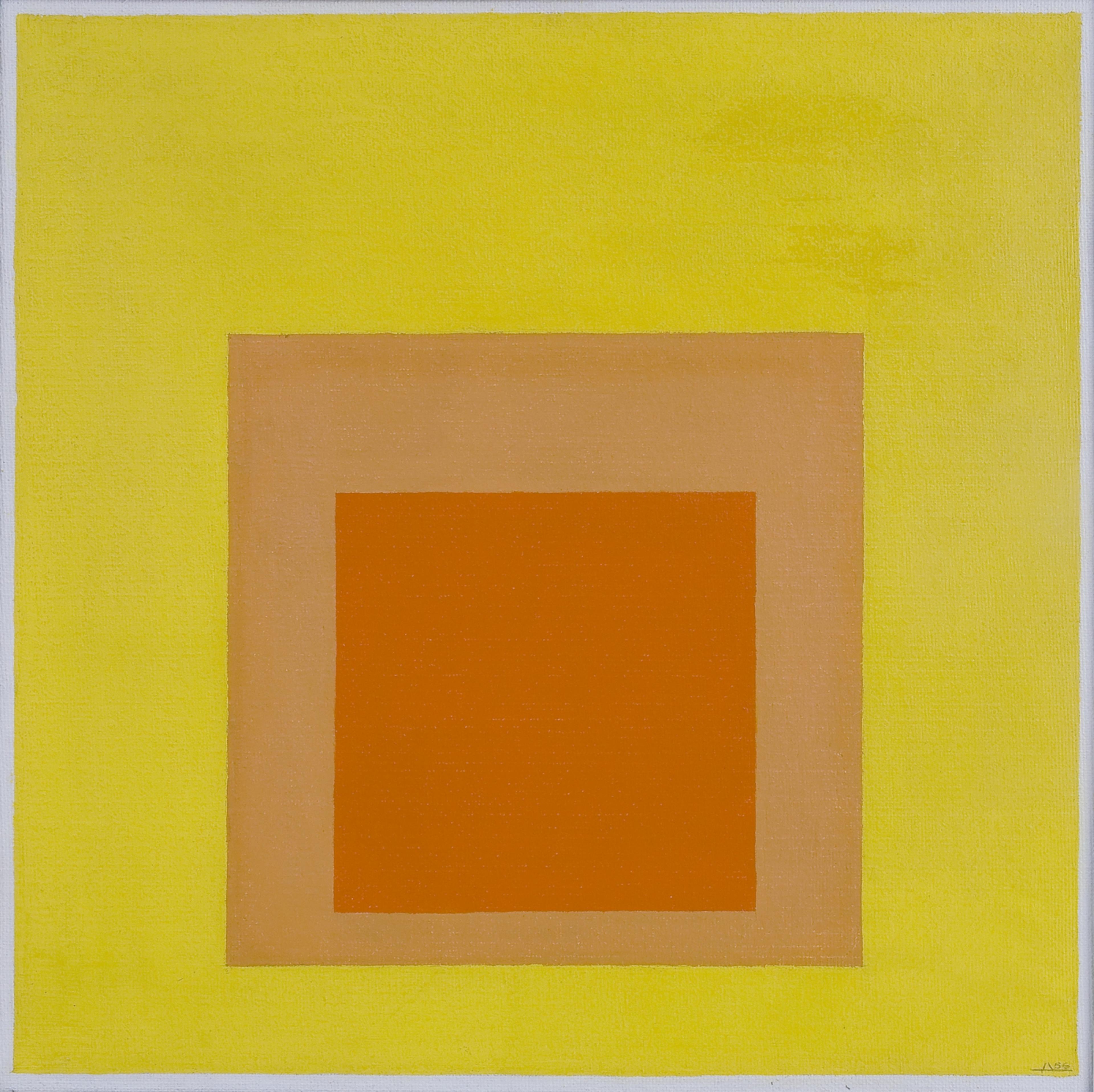 abstrakt maleri av kvadrater i gul og oransjetoner.