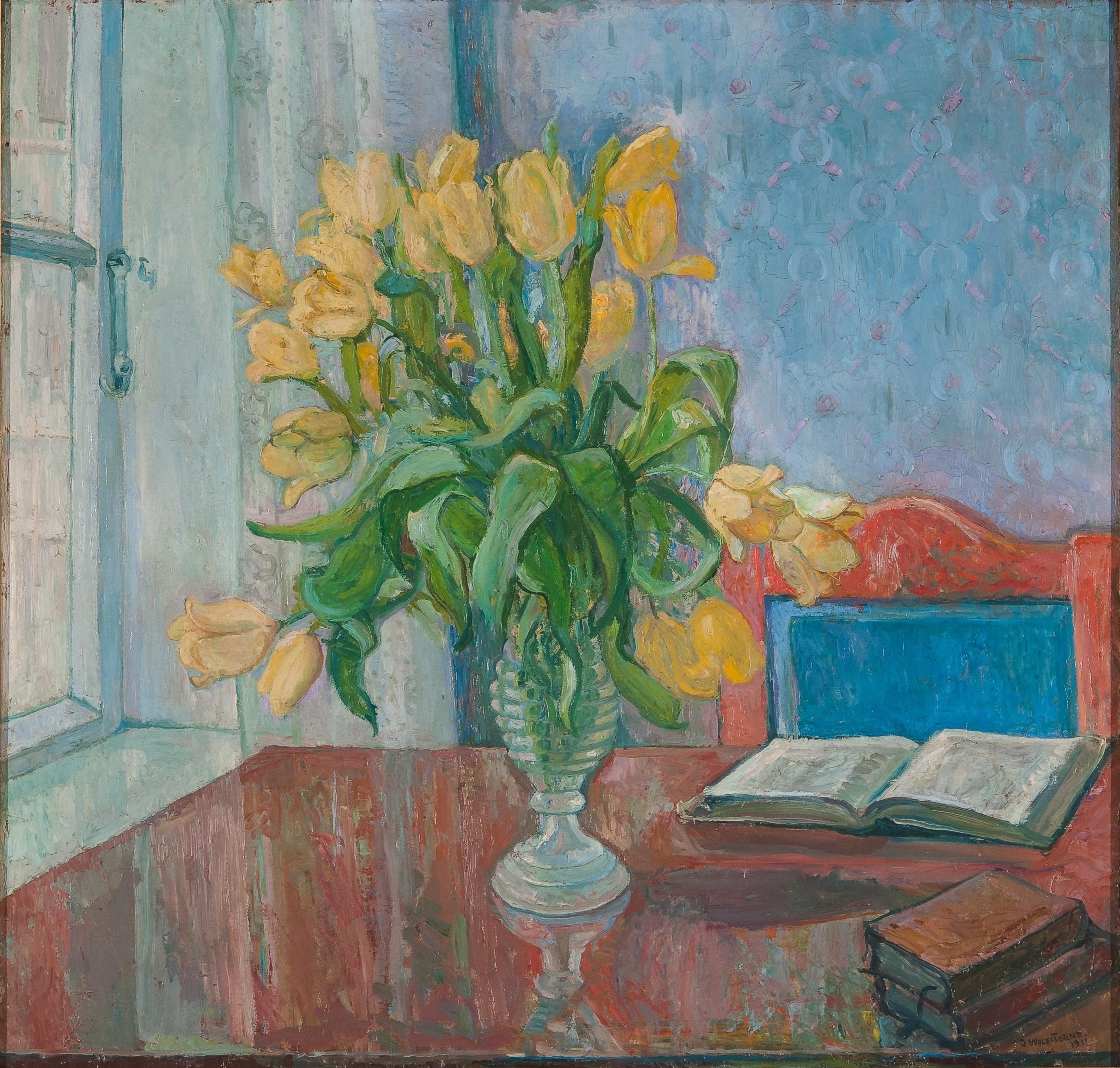 Maleri av gule tulipaner på et rødt bord foran et vindu