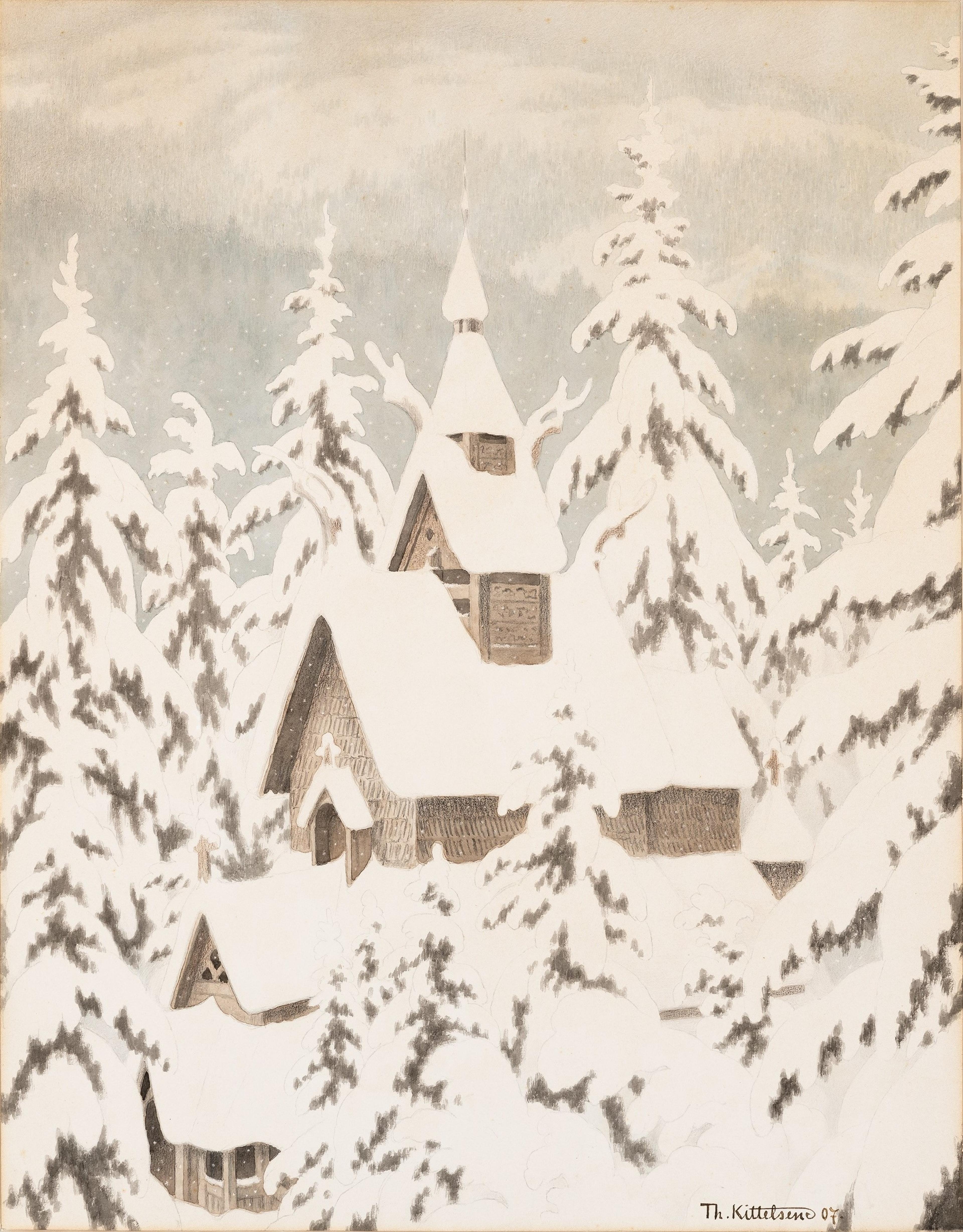 Et motiv som viser en stavkirke dekket av snø, mellom snøtunge trær