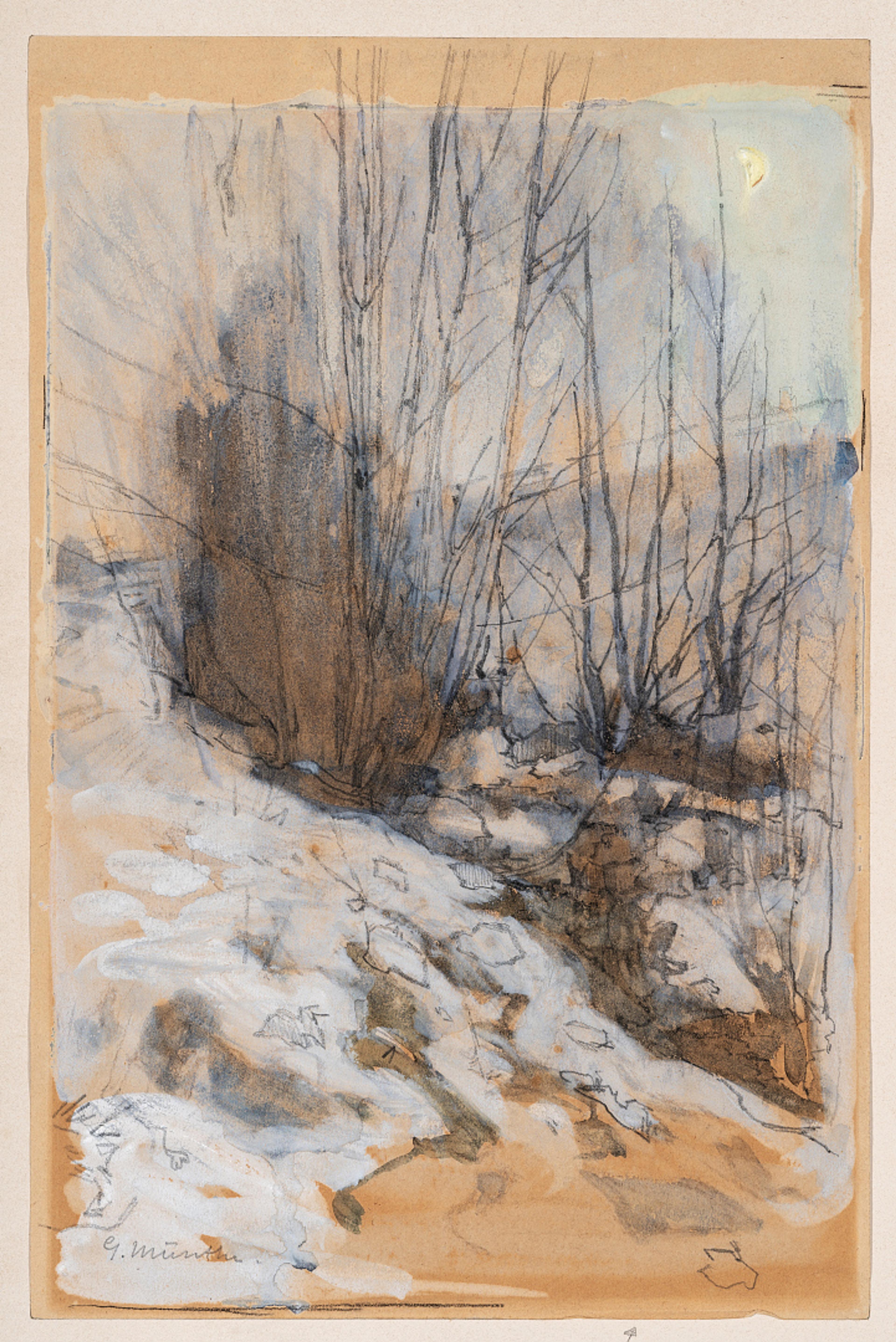 Snølandskap / Study of Snow and Trees, 1870–1929   Gerhard Munthe (1849–1929)			  Blyant og gouache på papir / Pencil and gouache on paper  Kode, Rasmus Meyers samlinger / The Rasmus Meyer Collection 