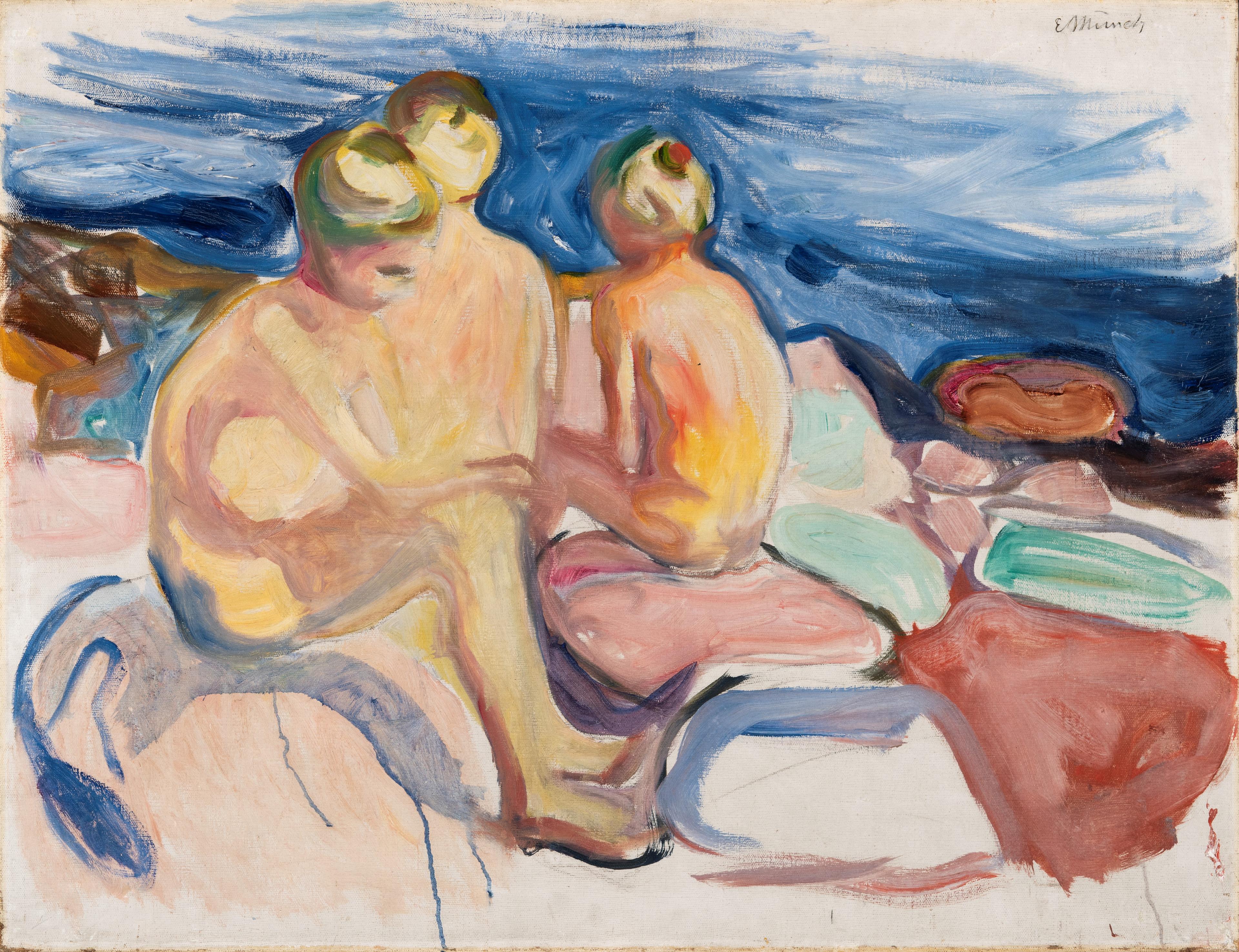 Et maleri av Edvard Munch som viser en gruppe nakne unge menn sittende på en strand.