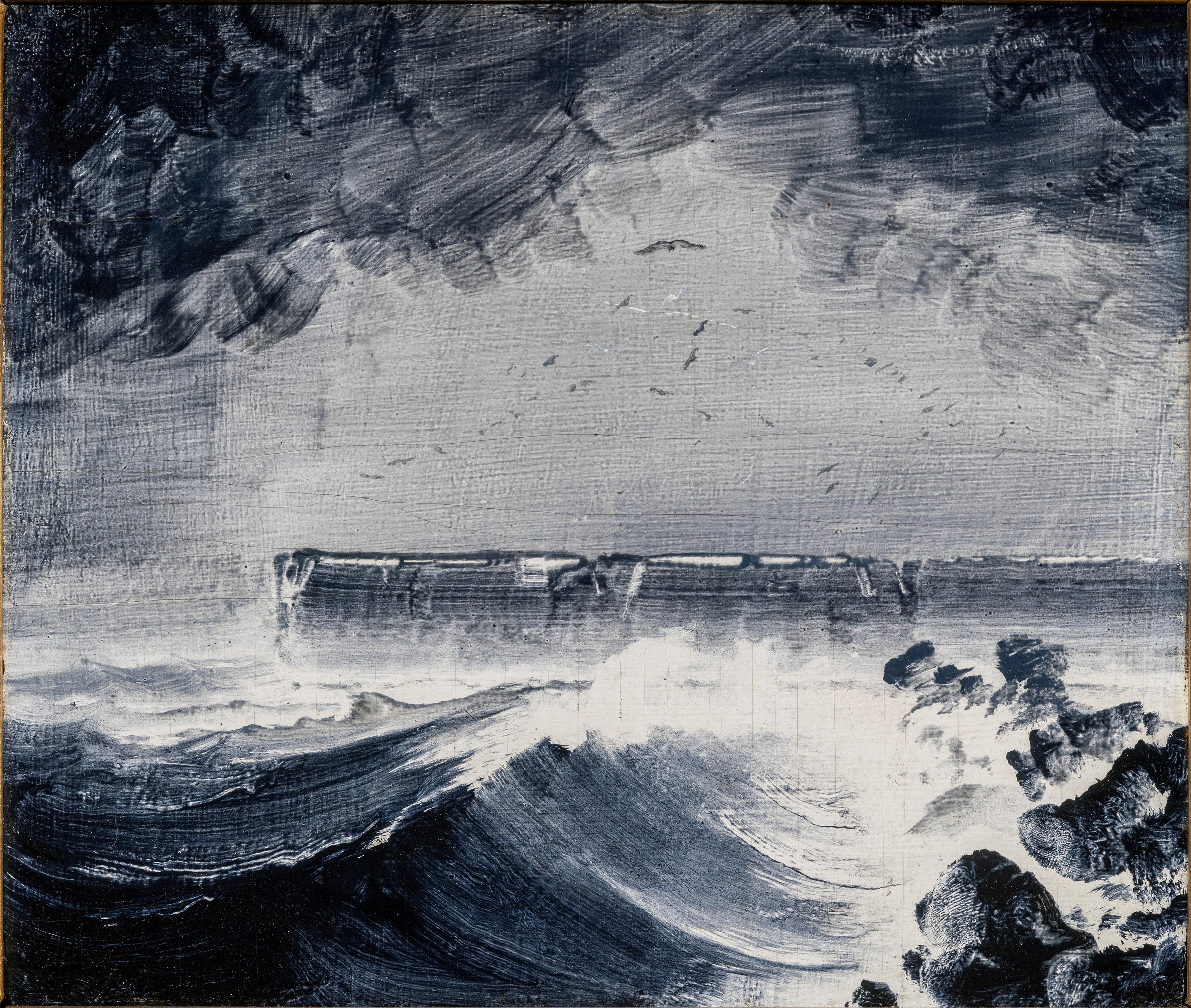 Et maleri i blåtoner som viser et opprørt hav og en klippe.
