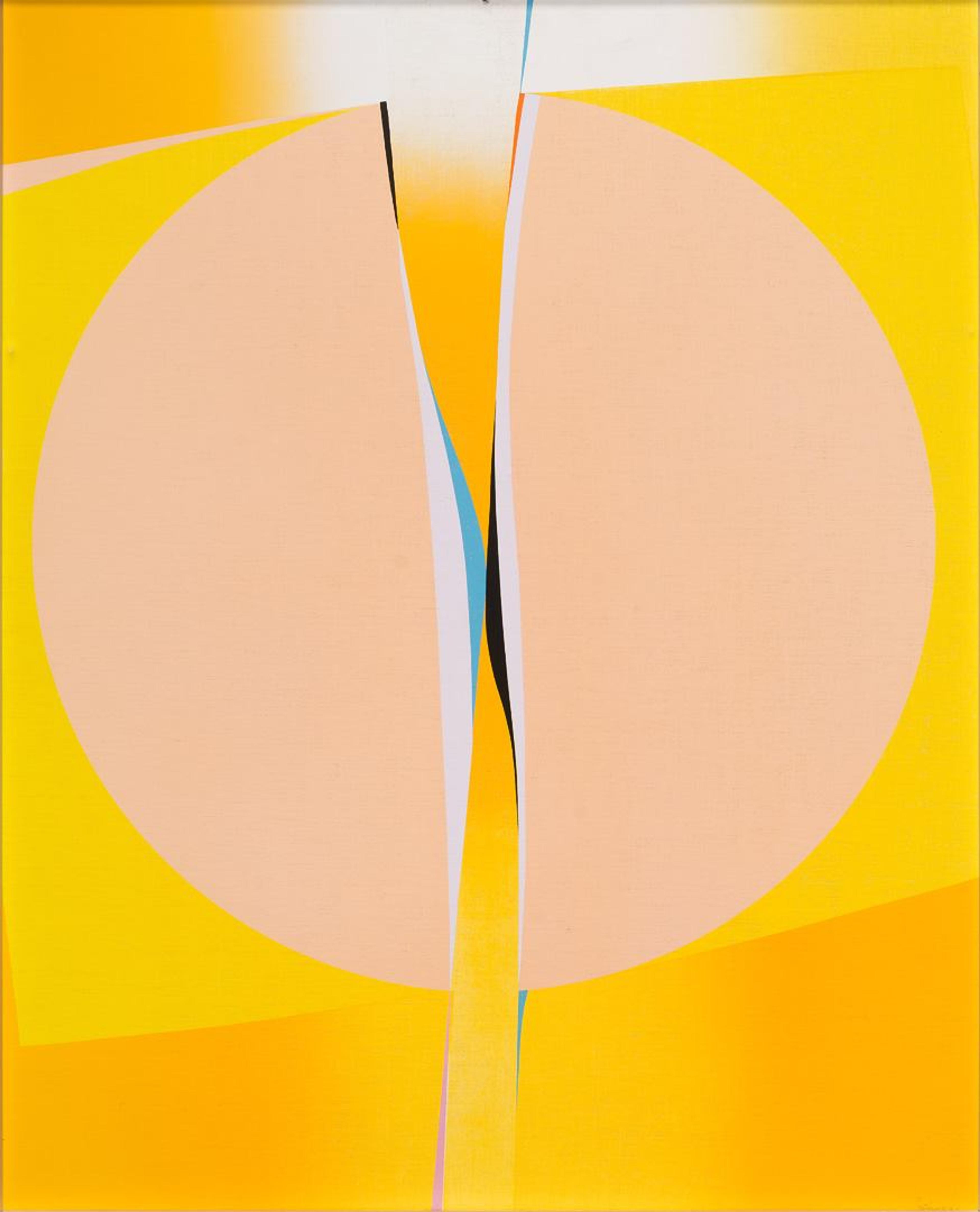 Et abstrakt maleri i gule farger, dominert av en rund form