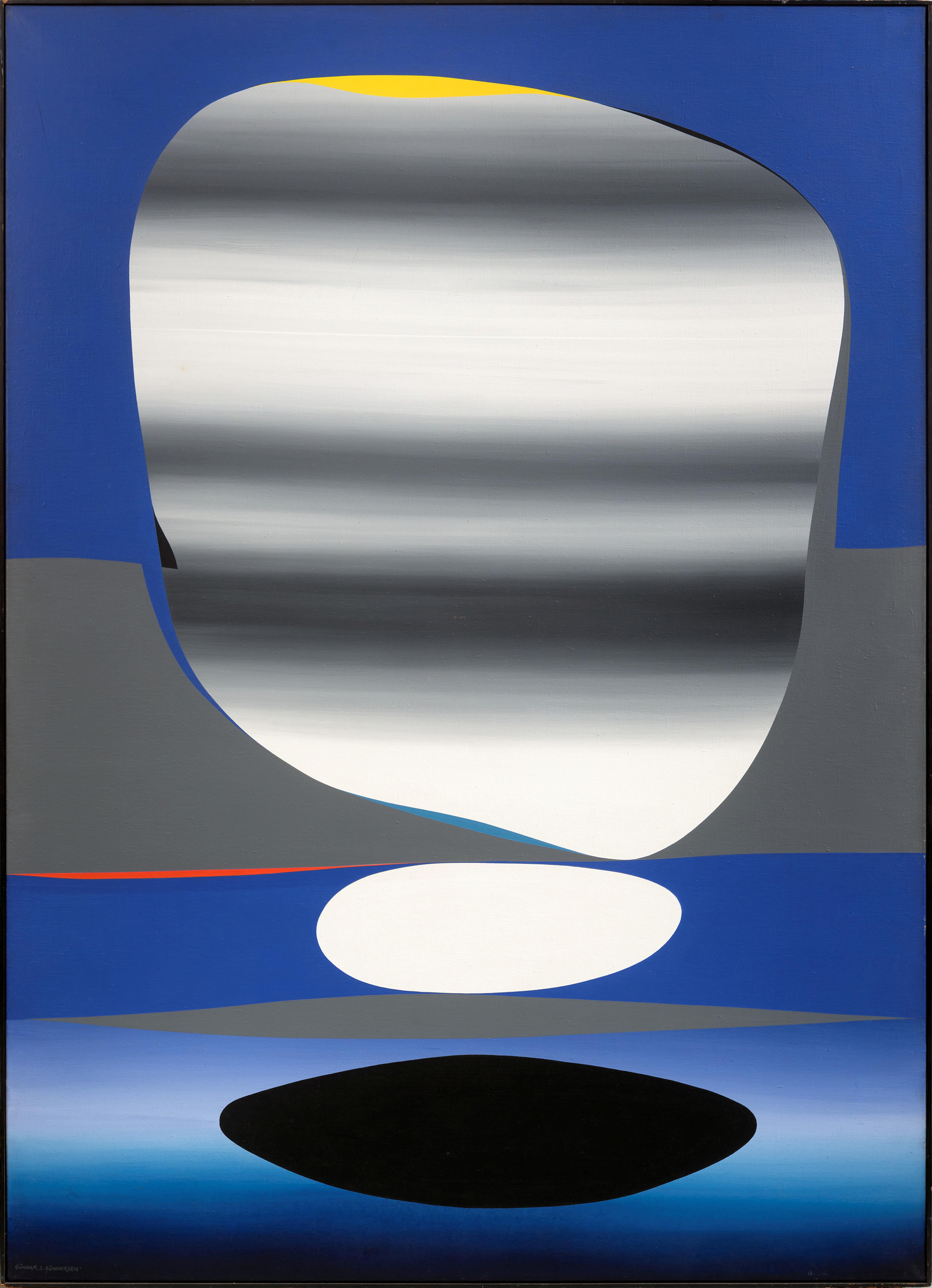 An abstract motif by Gunnar S. Gundersen. A white oval shape against a dark blue and grey background.