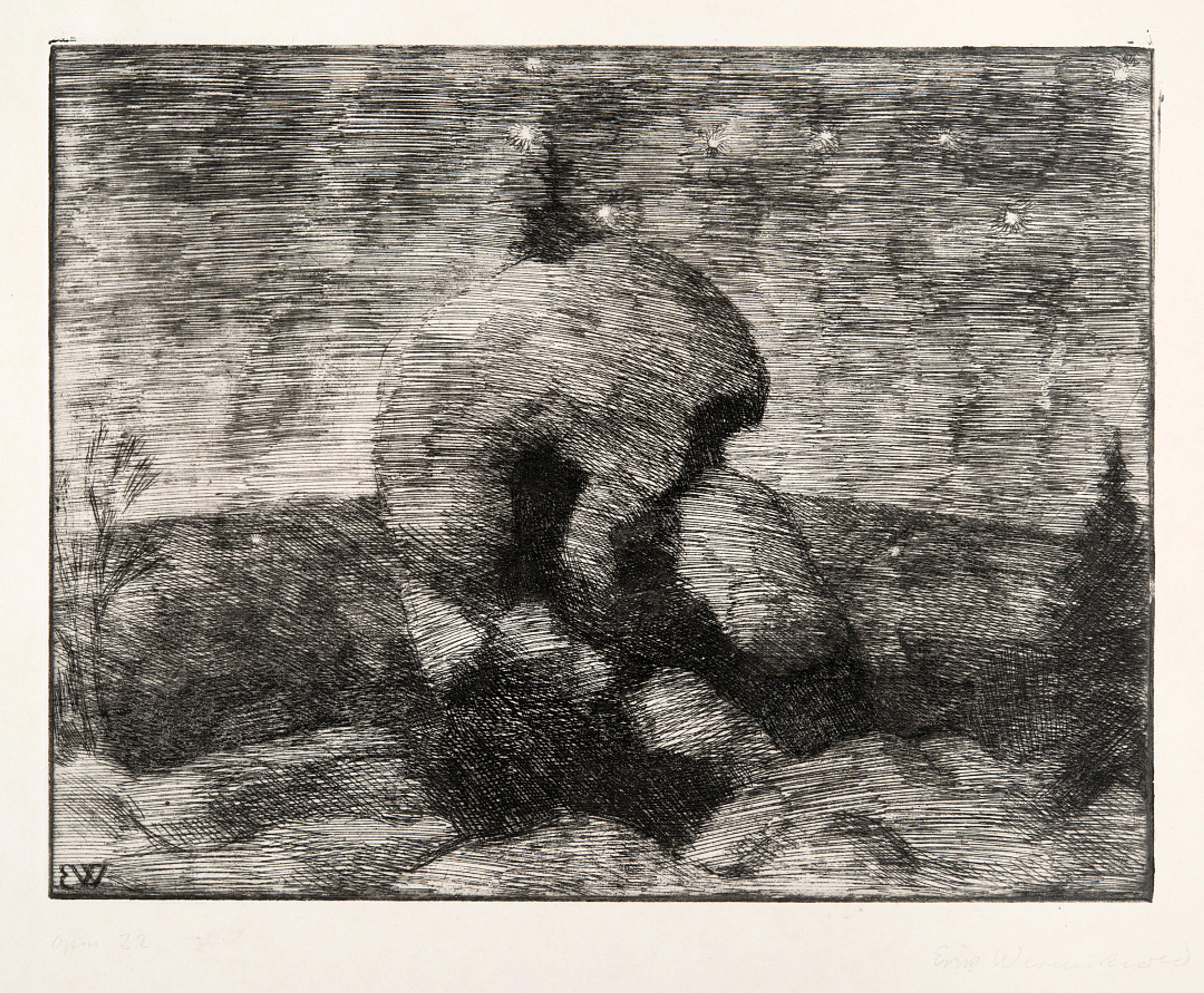 Vinternatt med stjerner / Dark Night with Stars, 1911   Erik Werenskiold (1855–1938)	   Streketsing på papir / Etching on paper  Kode, Rasmus Meyers samlinger / The Rasmus Meyer Collection 