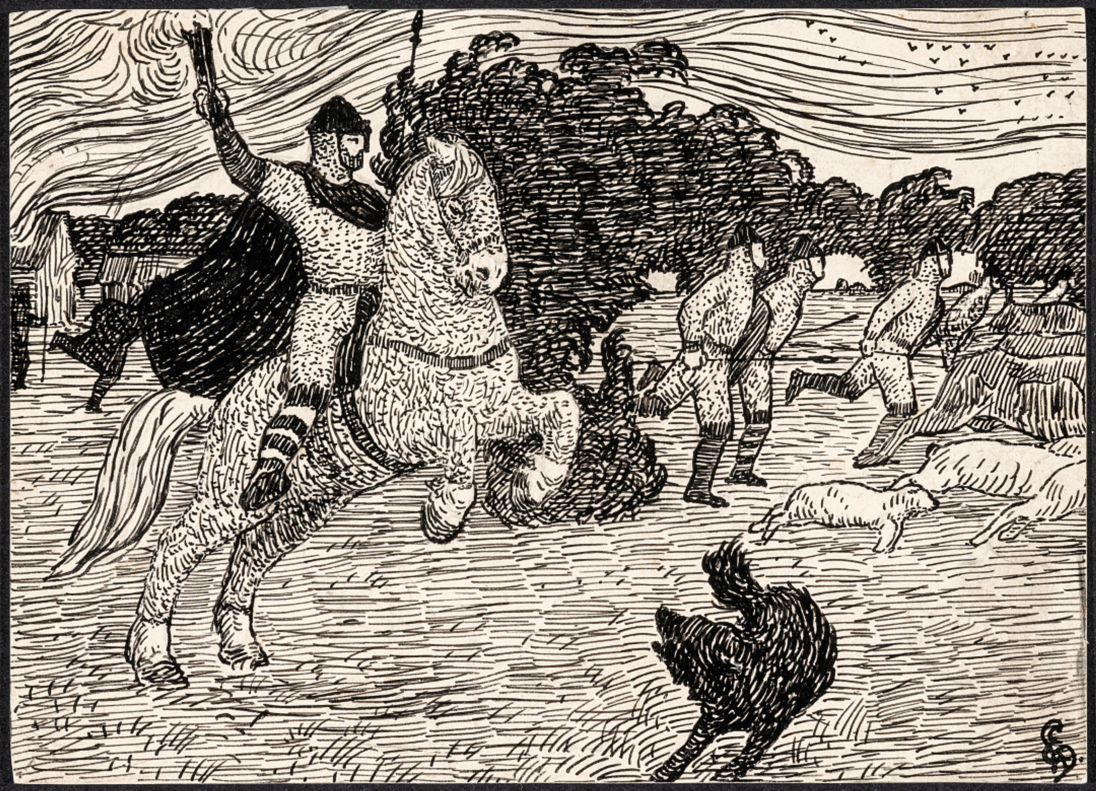 Snorre-utkast / Snorre sketch, 1899 (est.)   Halfdan Egedius (1877–1899)	  Blekk på papir / Ink on paper  Kode, Rasmus Meyers samlinger / The Rasmus Meyer Collection  