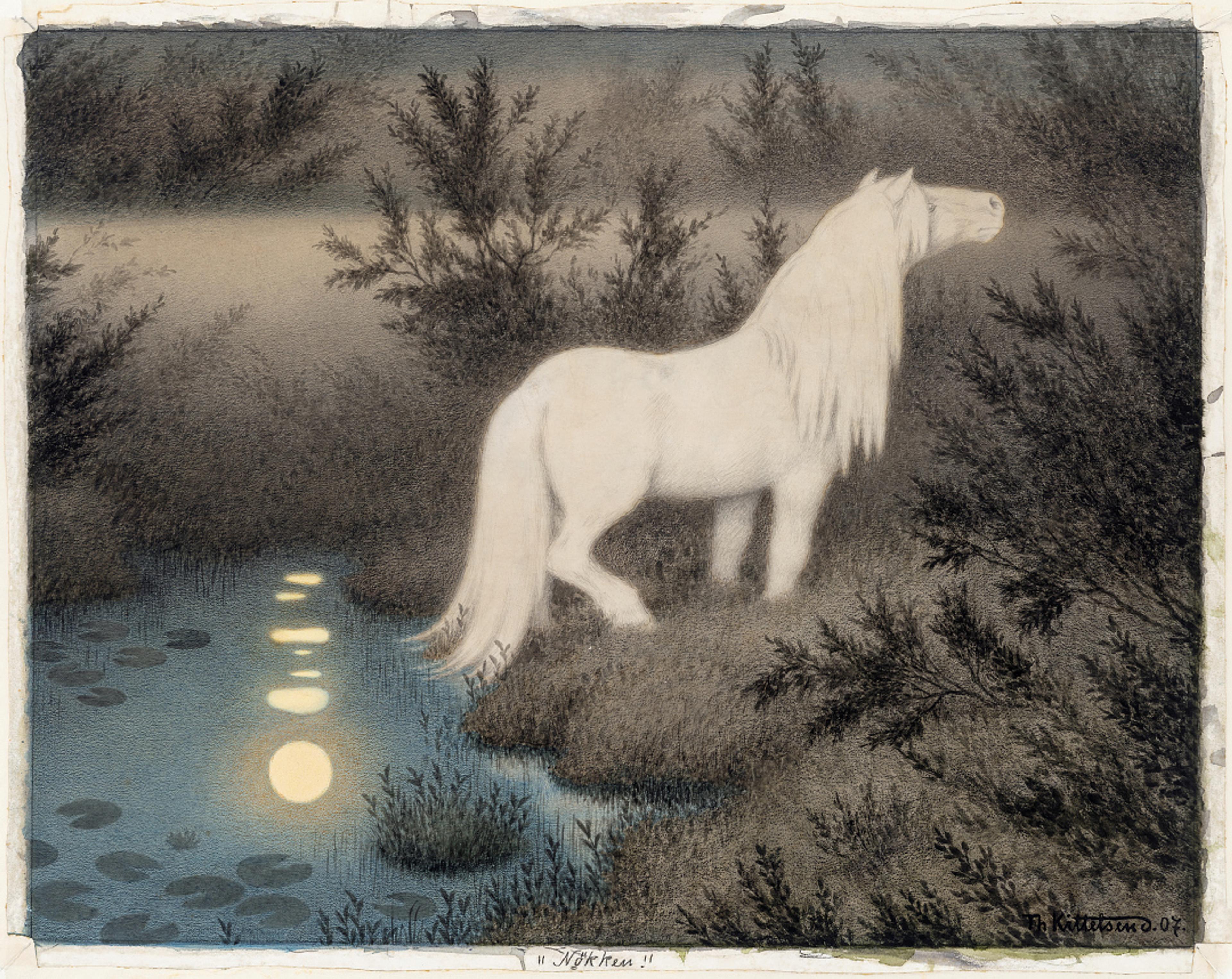 Nøkken / The Kelpie, 1907  Theodor Kittelsen (1857–1914)		  Pastell og akvarell på papir / Pastel and watercolor on paper  Kode, Rasmus Meyers samlinger / The Rasmus Meyer Collection 