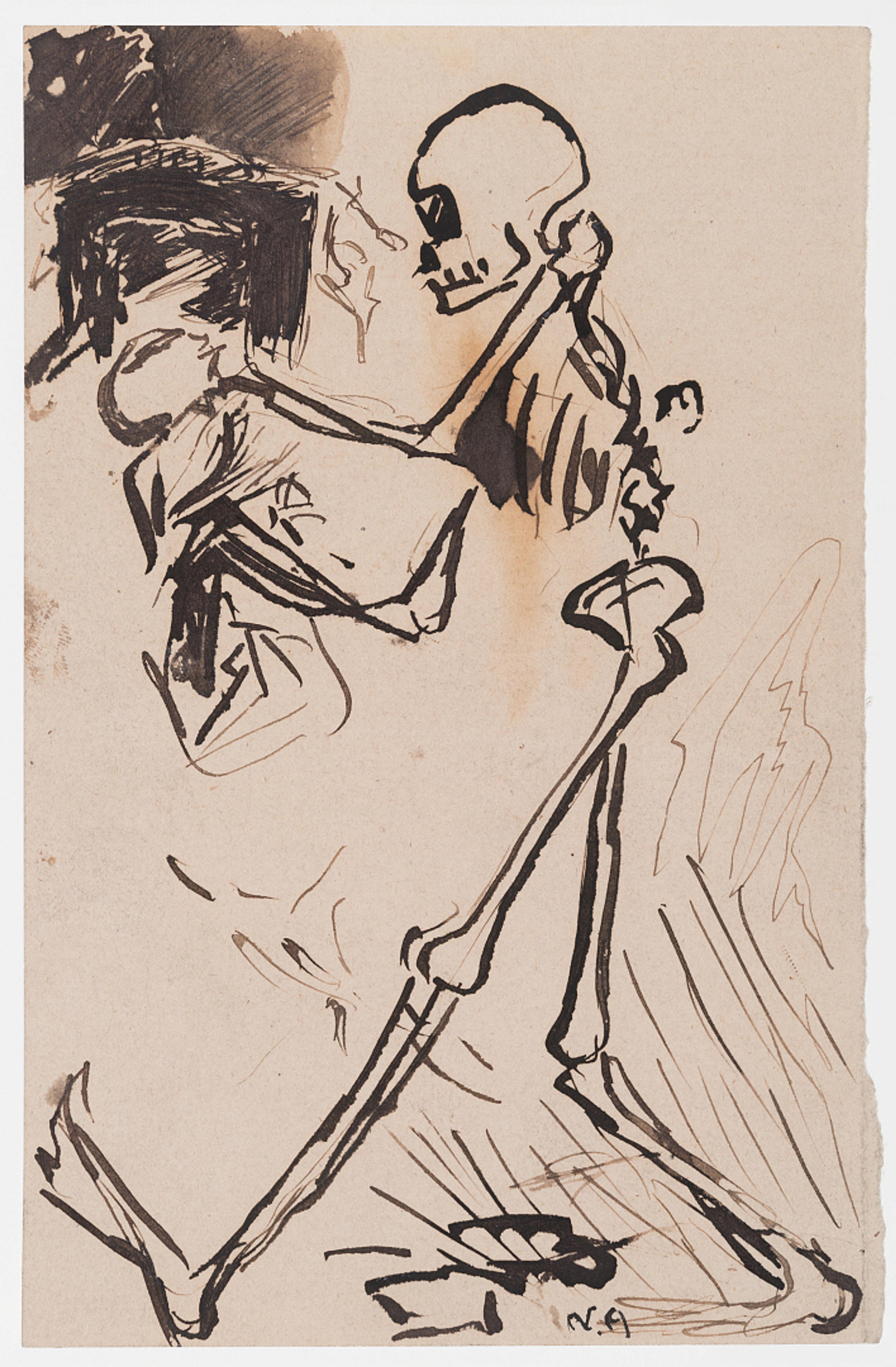 Vandrende skjelett med spedbarn / Walking Skeleton with Infant, 1902   Nikolai Astrup (1880–1928)  Blekk på papir / Ink on paper  Kode 