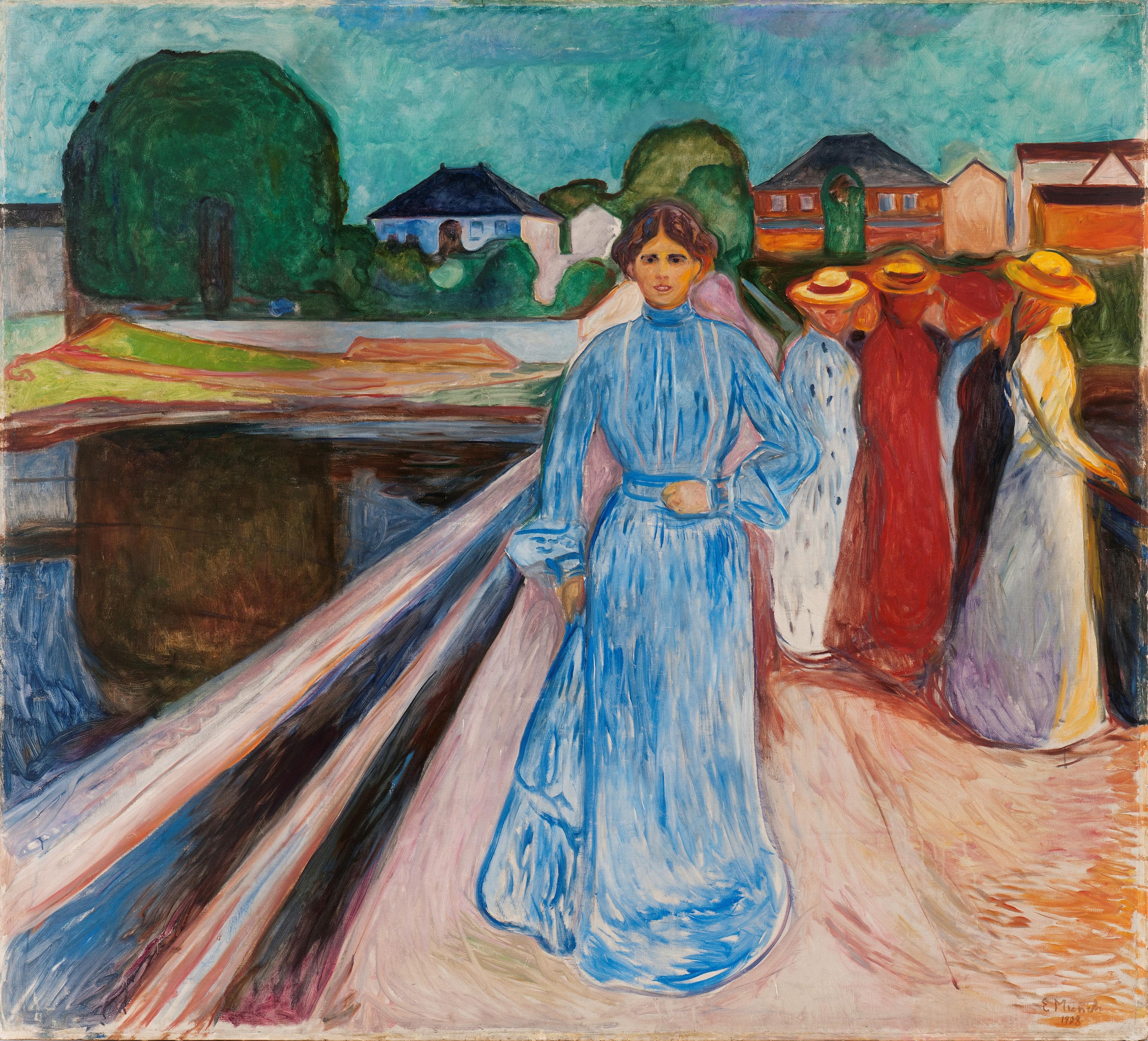 Et maleri av Edvard Munch som viser fem damer i lange kjoler på en bro. Den ene kvinnen ser rett mot oss. De andre står i en gruppe og titter på noe nedenfor broen.