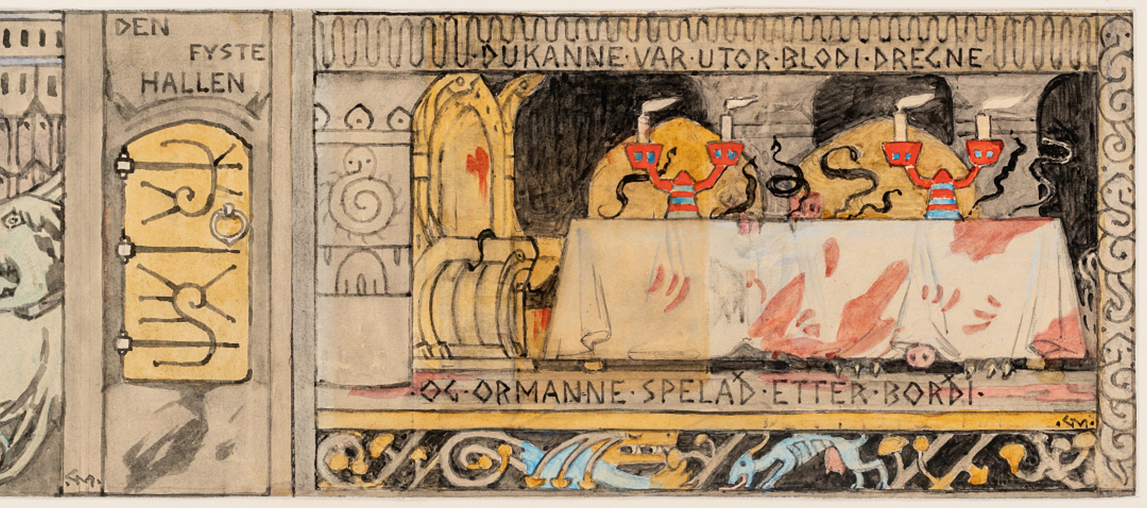 Den første hallen / The First Hall, 1902–1904  Gerhard Munthe (1849–1929)  Akvarell, blekk og blyant på papir / Watercolor, ink and pencil on paper  Kode, Rasmus Meyers samlinger / The Rasmus Meyer Collection 