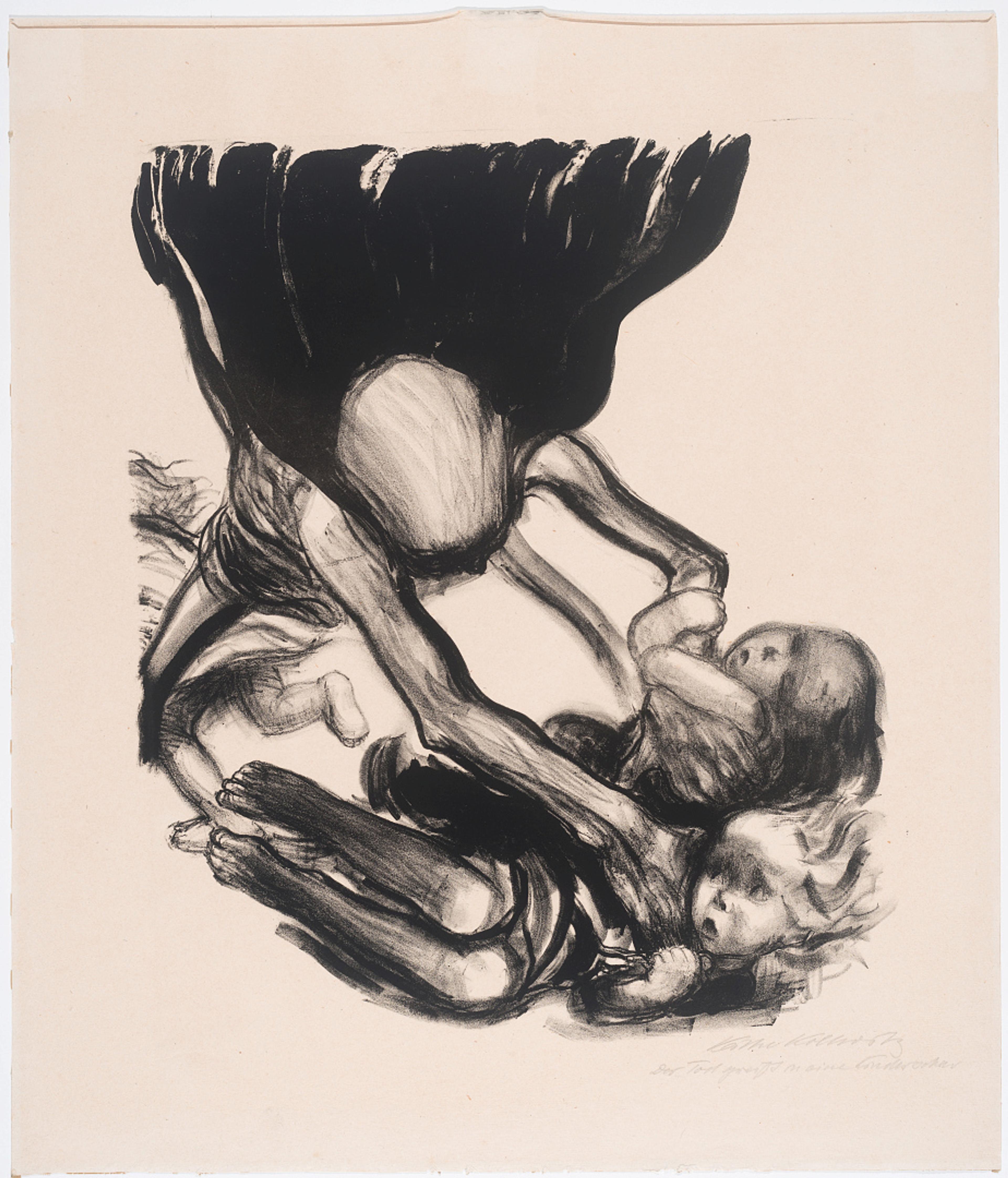 Døden griper om seg i en barneflokk / Death in a Crowd of Children, 1934   Nr. 3 fra serien Død / No. 3 from the series Death  Käthe Kollwitz (1867–1945)	  Litografi på papir / Lithograph on paper  Kode, Stenersens samling / The Stenersen Collection  
