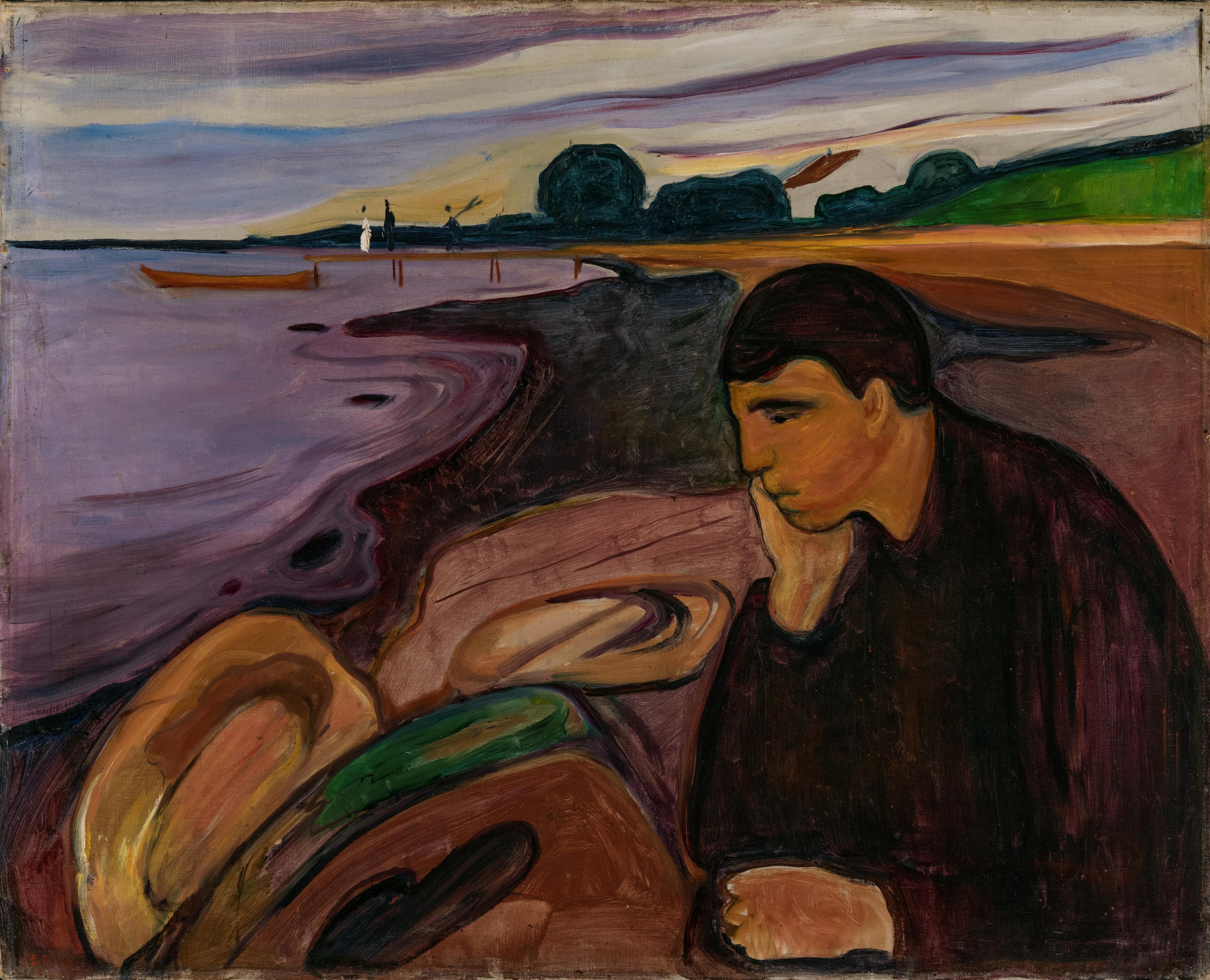 Et maleri av Edvard Munch som viser en mann som sitter i strandkanten og ser bedrøvet ut mens han stirrer mot havet.