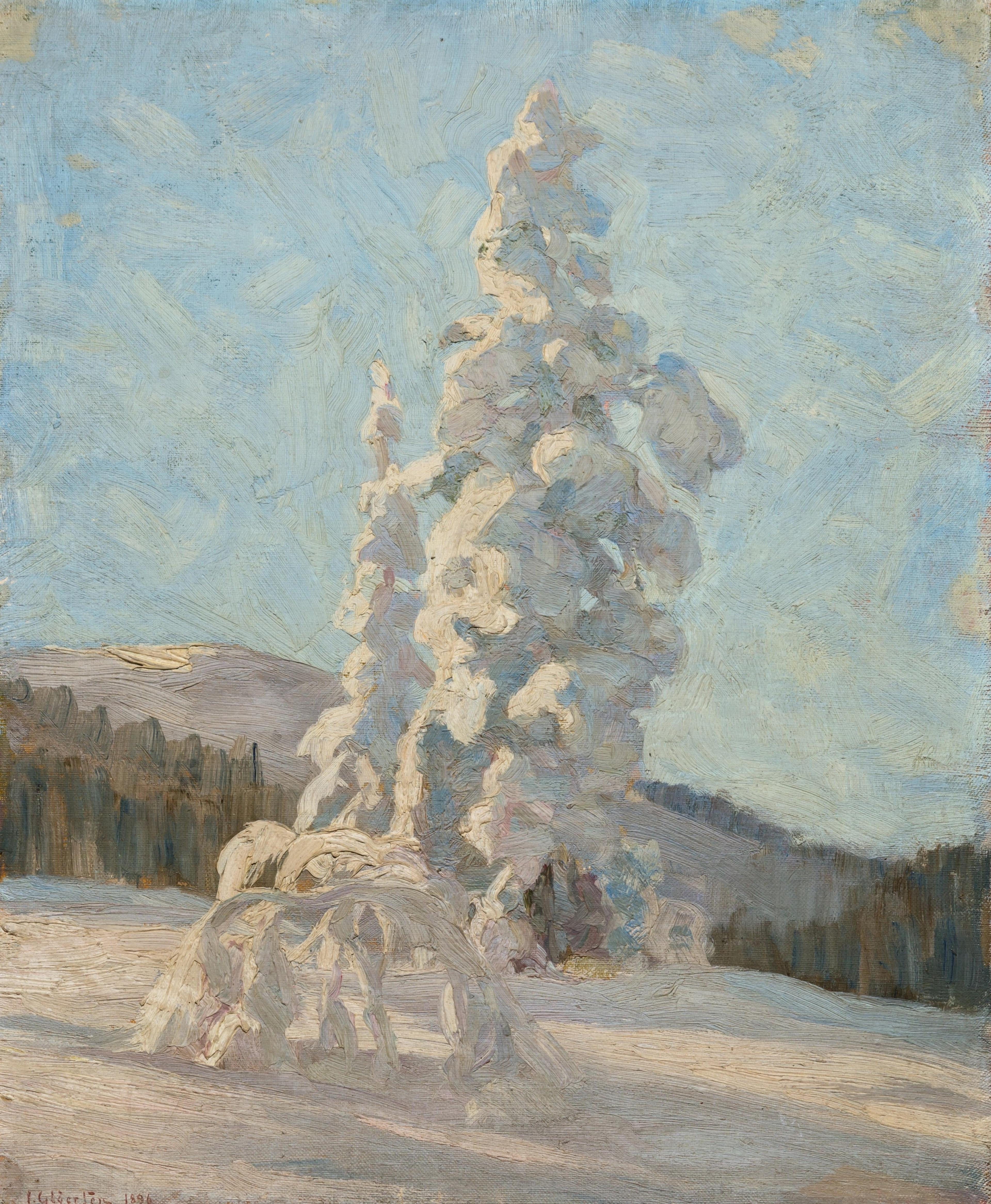 Maleri av et snødekket tre med åser i bakgrunnen, i hvite, blå og rosa fargetoner