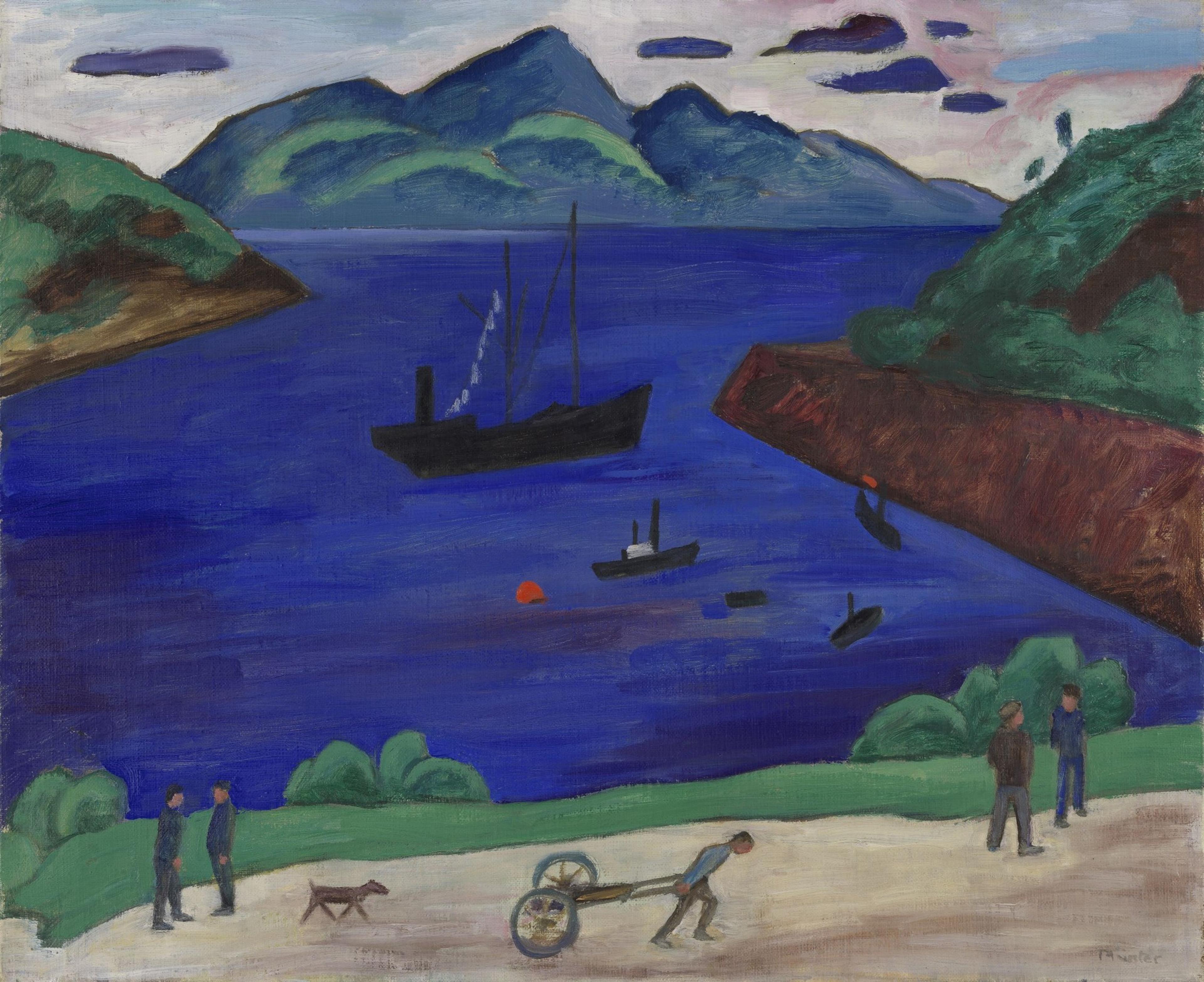 Et maleri av et fjordlandskap, i sterke, klare farger: Blått og grønt. Vi ser fjell i bakgrunnen, og mennesker langs en landevei i forgrunnen.