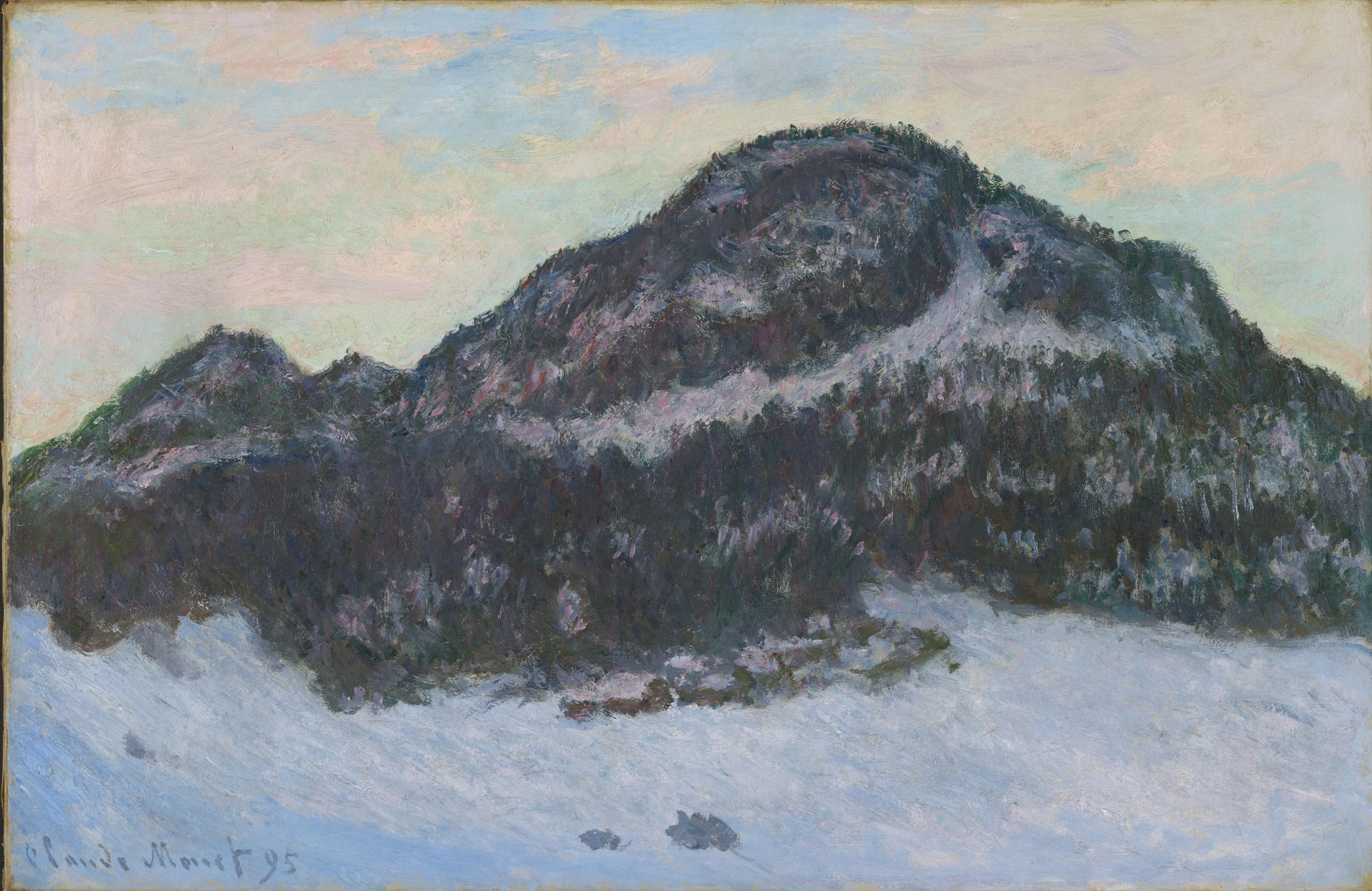 Et maleri av et landskap, med et mørkt fjell dominerende midt i bildet, mot en lys himmel og snødekket forgrunn.