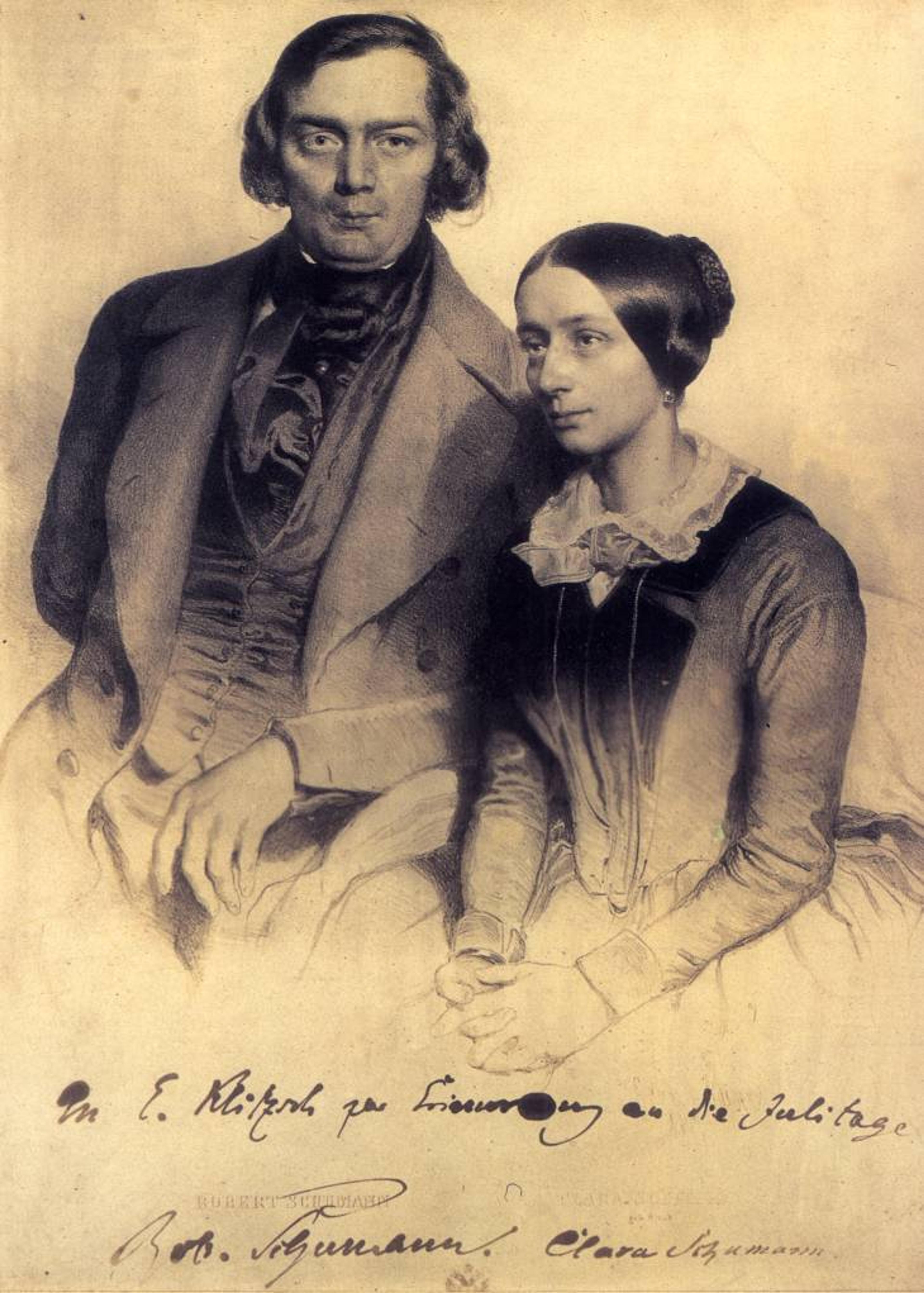En tegning av to mennesker, komponistene Robert og Clara Schumann