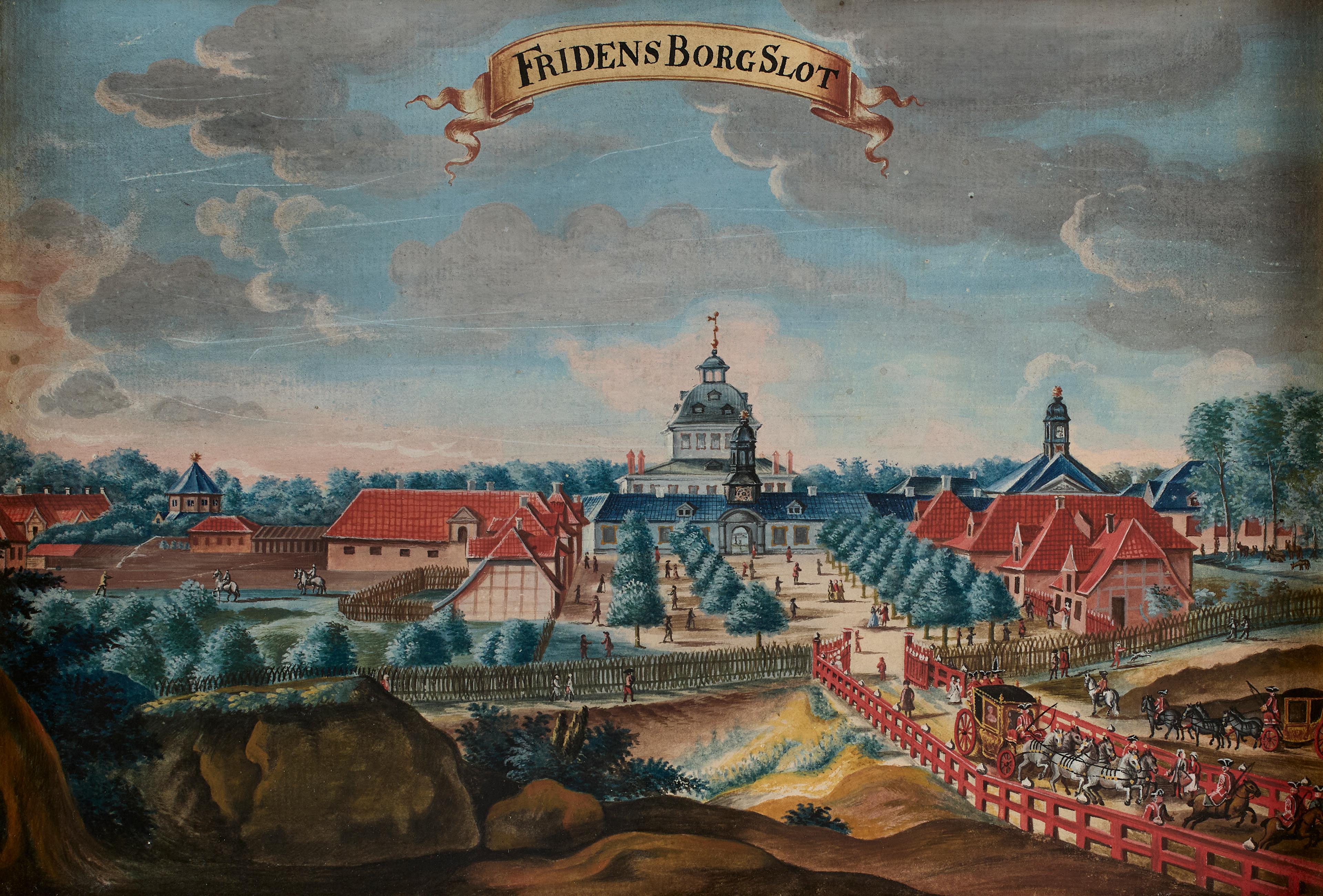 Et eldre maleri fra tidlig 1700-tall som viser Fredensborg slott i Danmark.