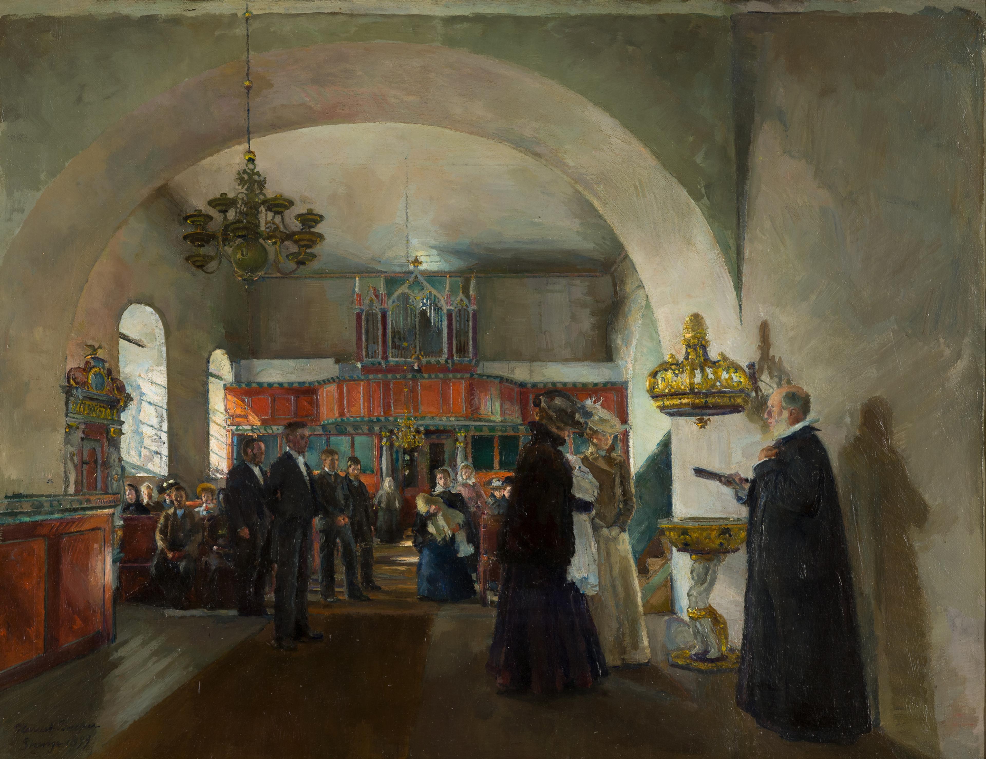 Et maleri som viser interiøret i en kirke, med lyset inn fra venstre side. Vi ser en scene fra en dåp, med to kvinner og en prest ved døpefonten.