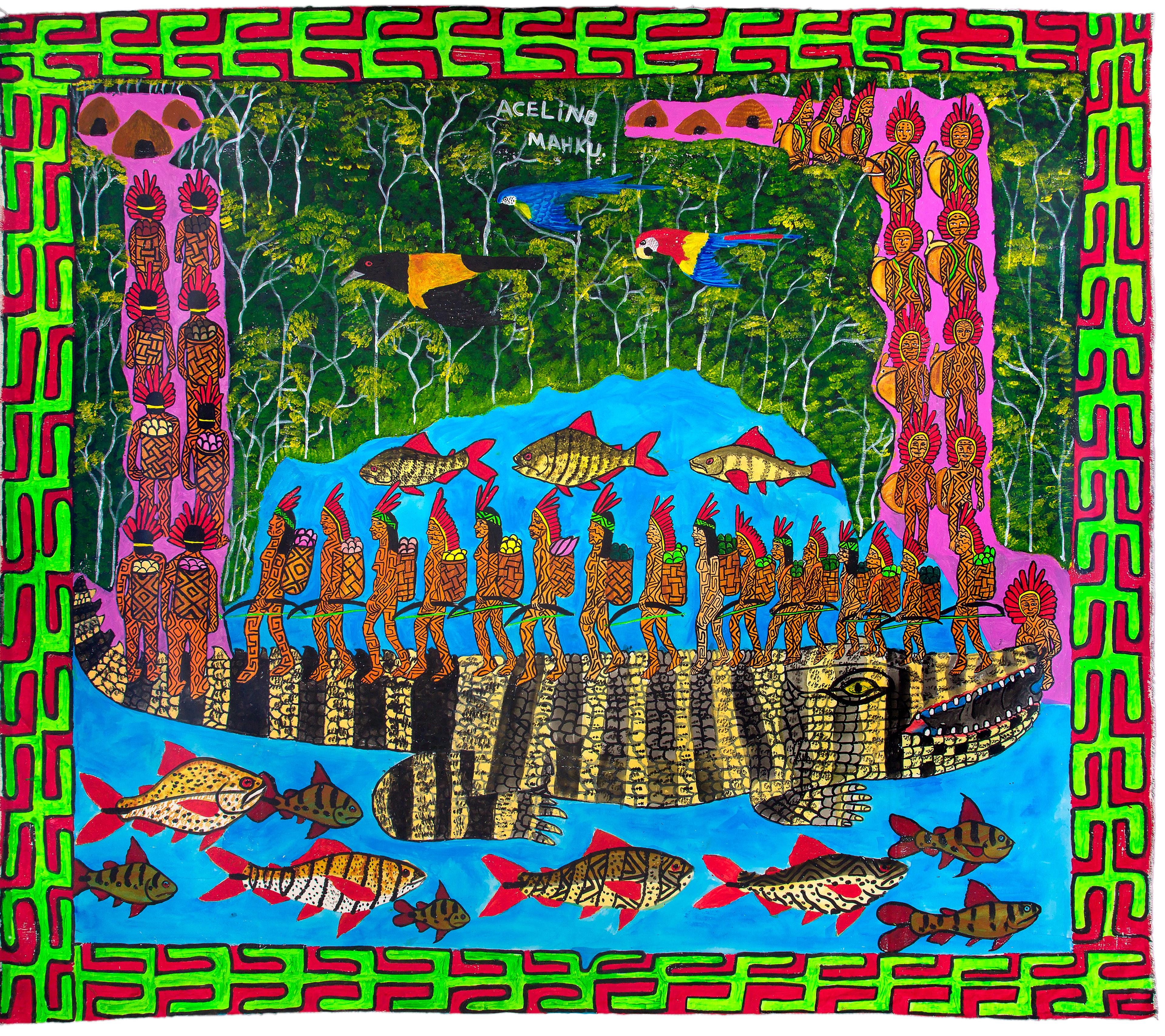Et maleri i sterke farger, av en rekke mennesker med fjærpryd som vandrer over en stor krokodille.