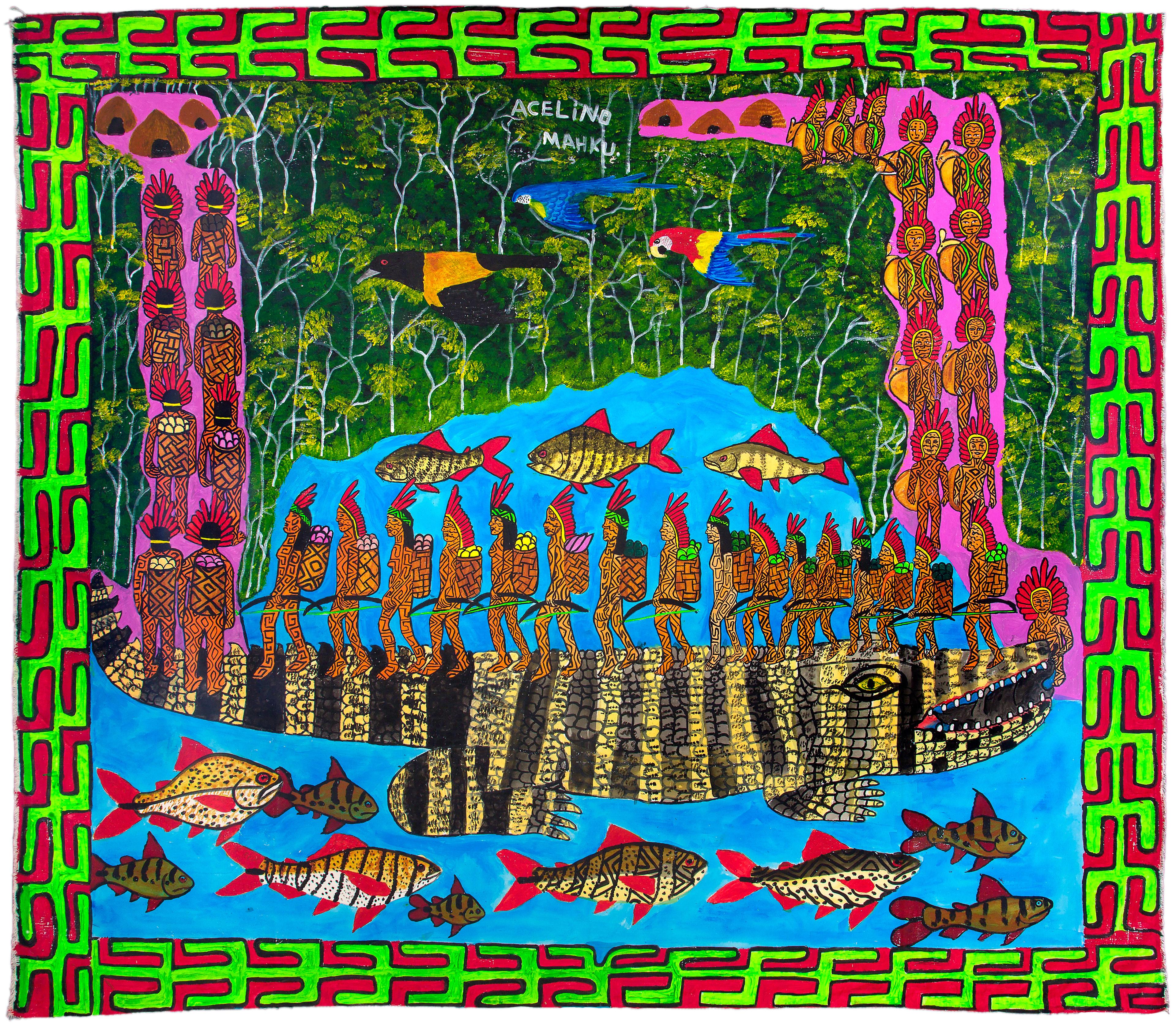 Et maleri i sterke farger som viser flere mennesker som går i en rekke over ryggen på en stor krokodille. 