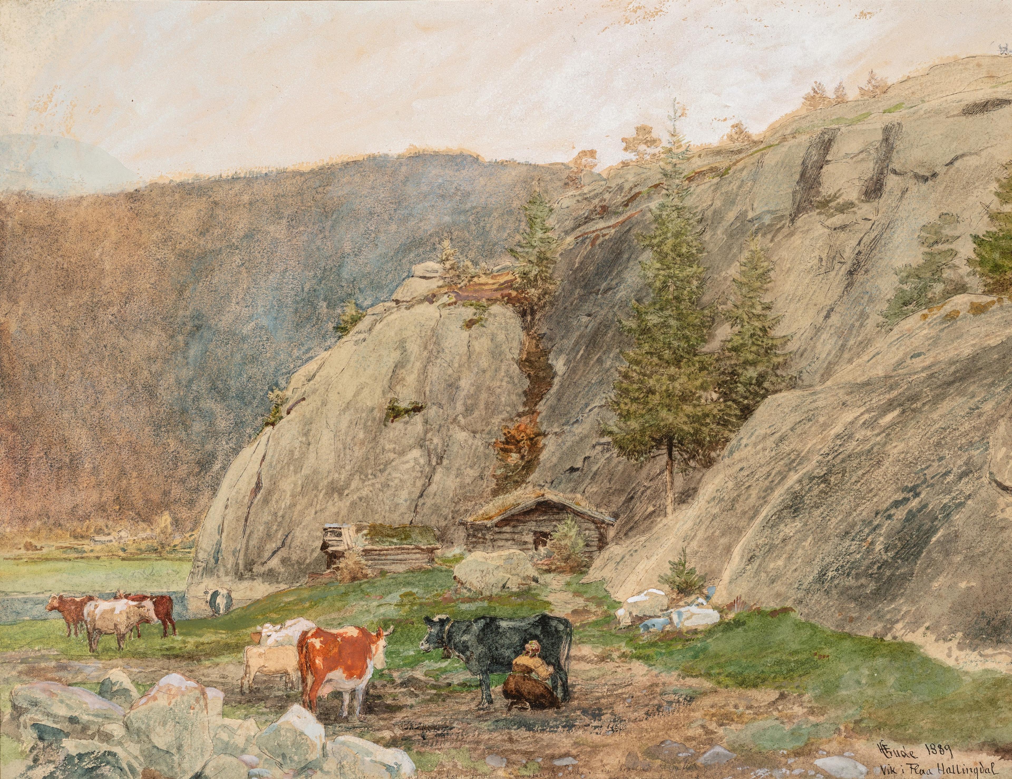 Nasjonalromantisk maleri med fjell og kyr og en budeie