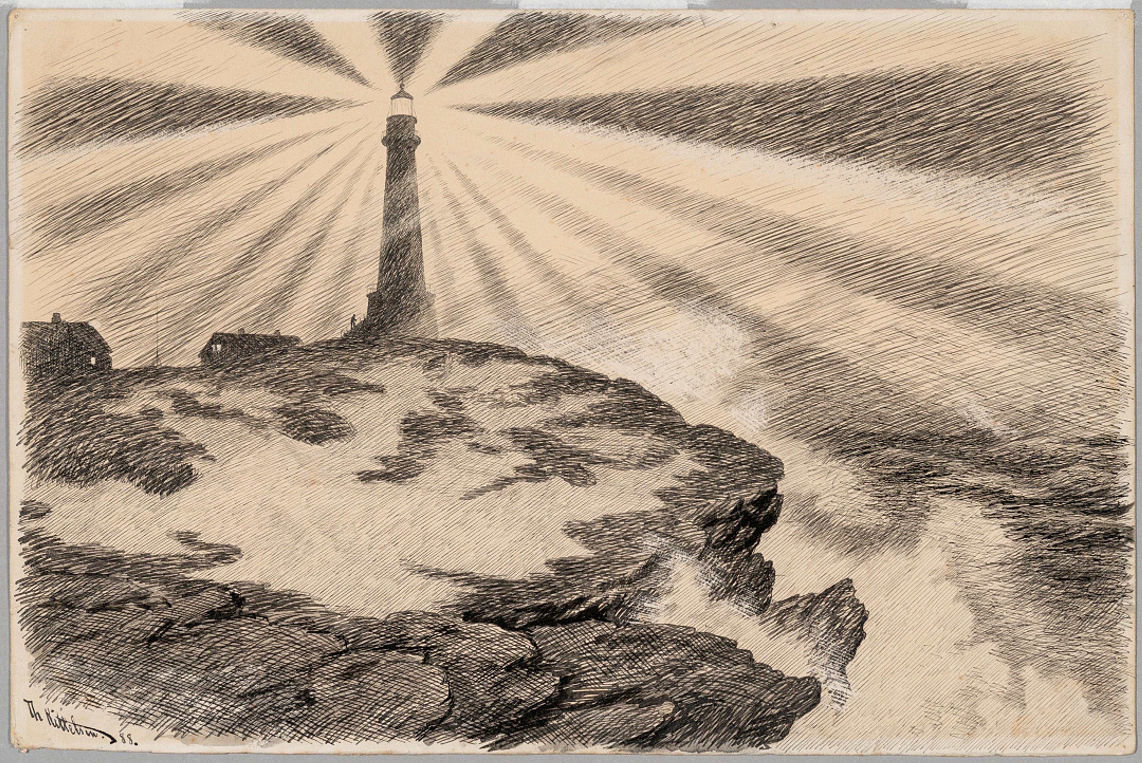 Skomvær fyr / Skomvær Lighthouse, 1888   Kittelsen, Theodor (1857–1914)  Tusj på papir / Ink on paper  Kode, Rasmus Meyers samlinger / The Rasmus Meyer Collection 