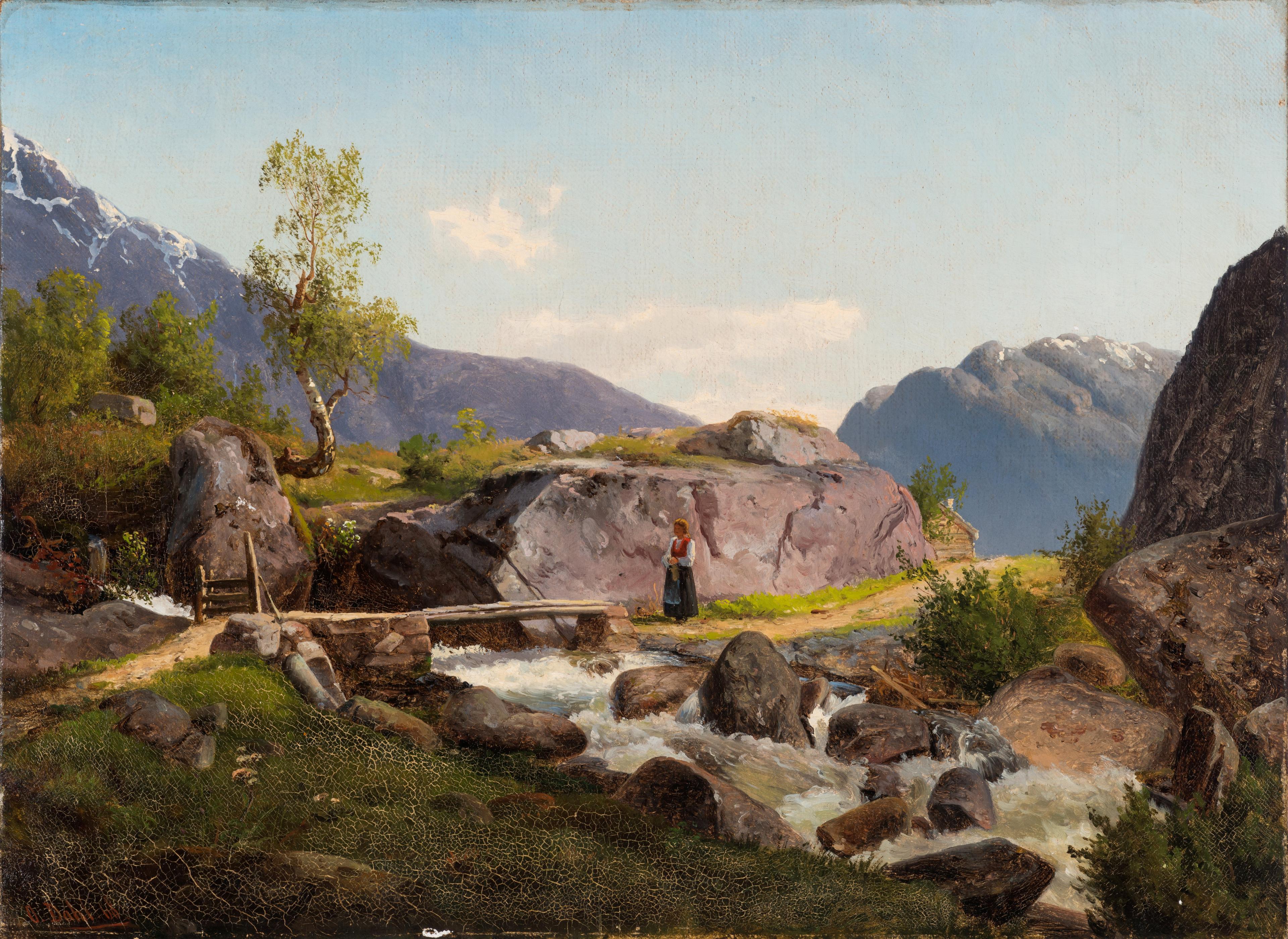 Nasjonalromantisk maleri med fjell og en kvinne i bunad