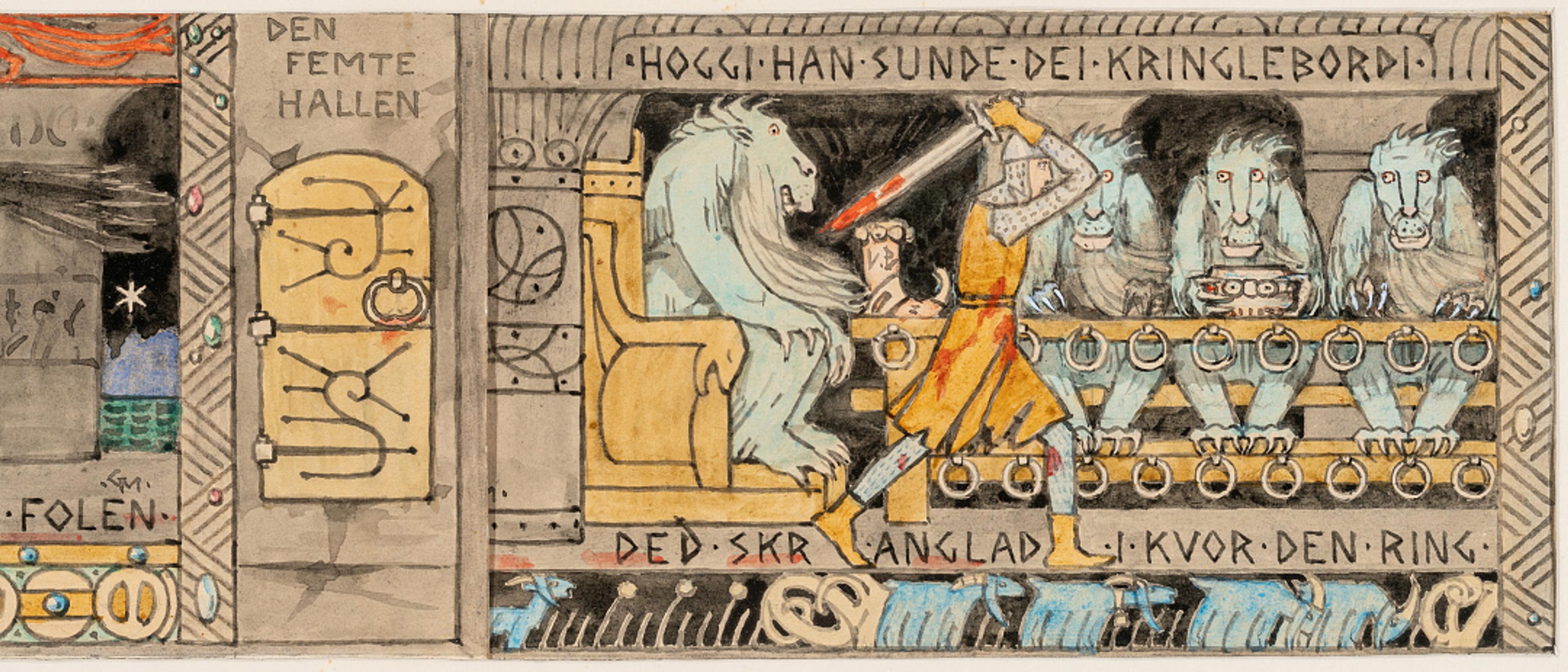 Den femte hallen / The Fifth Hall, 1902–1904  Gerhard Munthe (1849–1929)  Akvarell, blekk og blyant på papir / Watercolor, ink and pencil on paper  Kode, Rasmus Meyers samlinger / The Rasmus Meyer Collection 