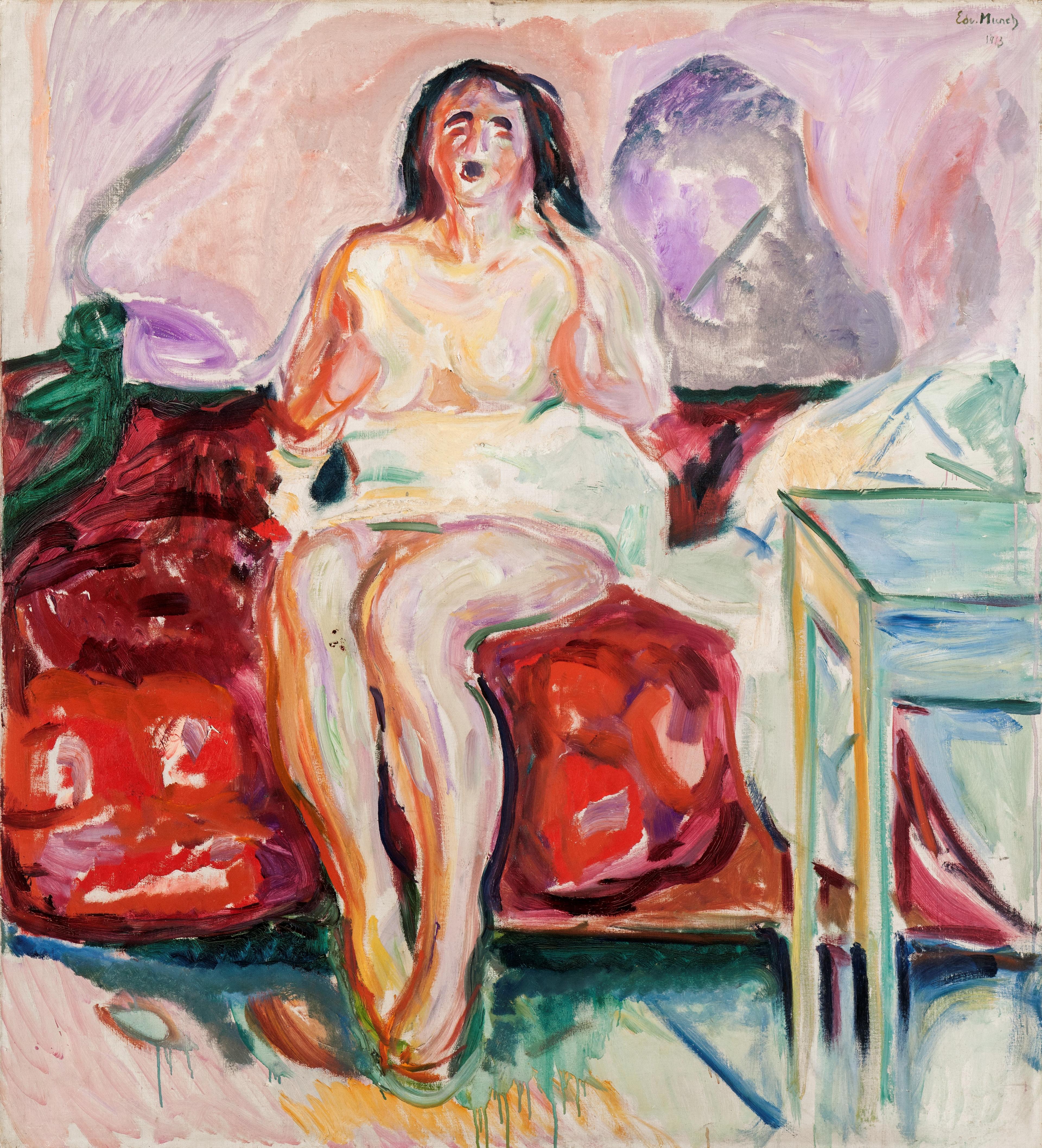 A colorful motif by Edvard Munch. A woman is sitting on a bed, yawning.