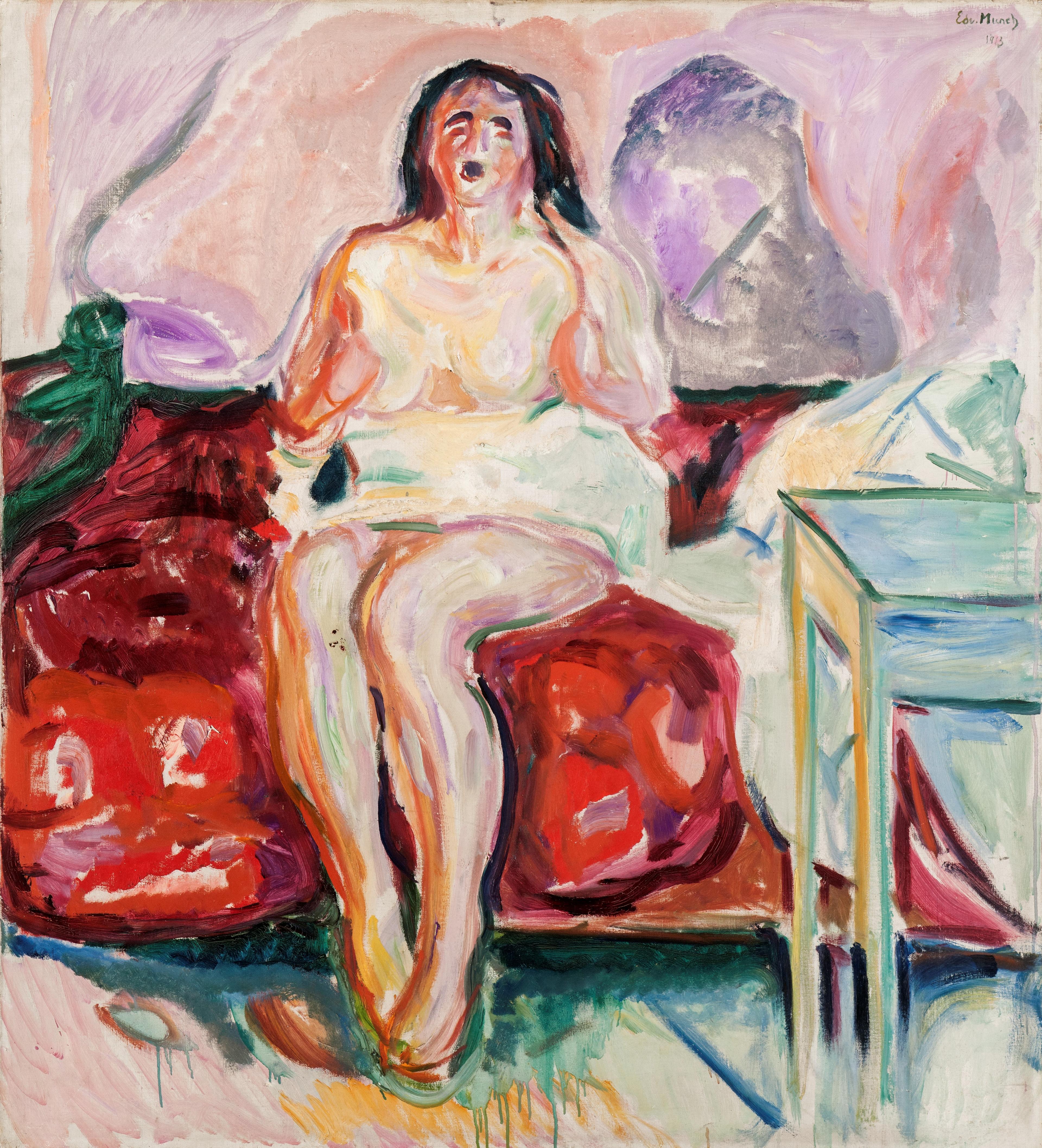 Et fargerikt motiv av Edvard Munch, som framstiller en kvinne som sitter på en seng og gjesper