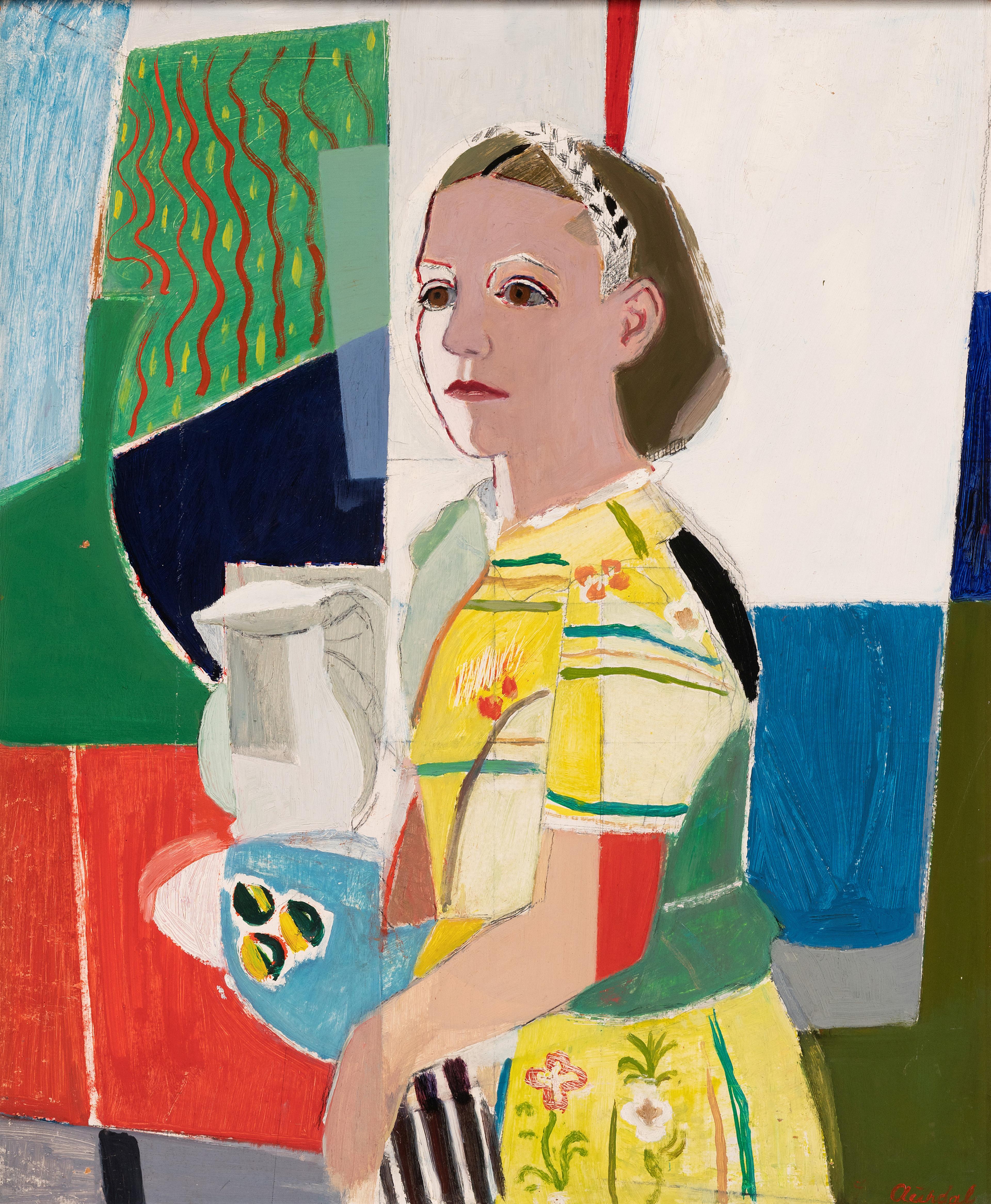 Maleri av en jente med gul kjole. Eksperimentelt i stilen med kantete fargefelt.