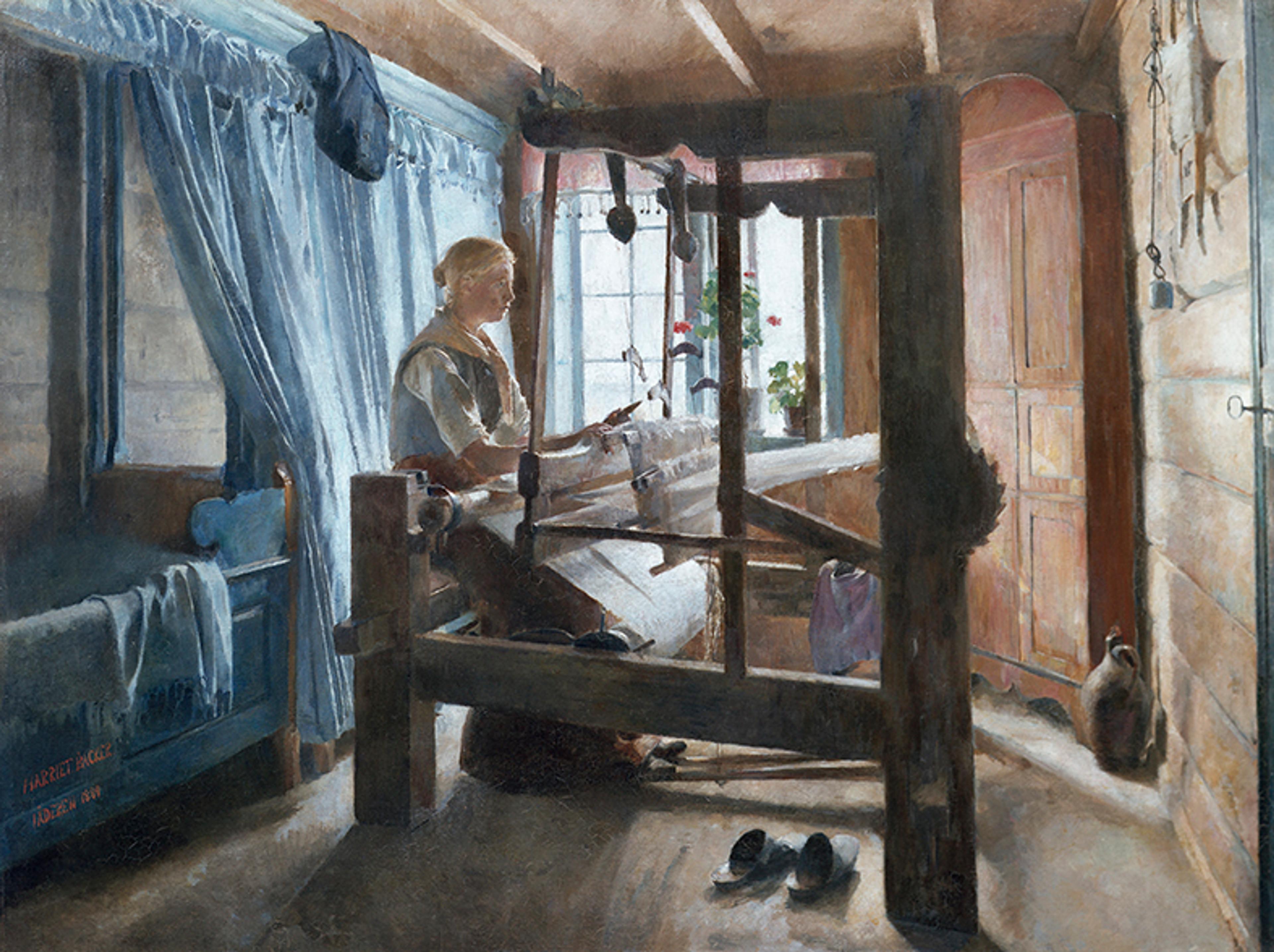 maleri av en kvinne som sitter i en enkelt innredet stue og vever.
