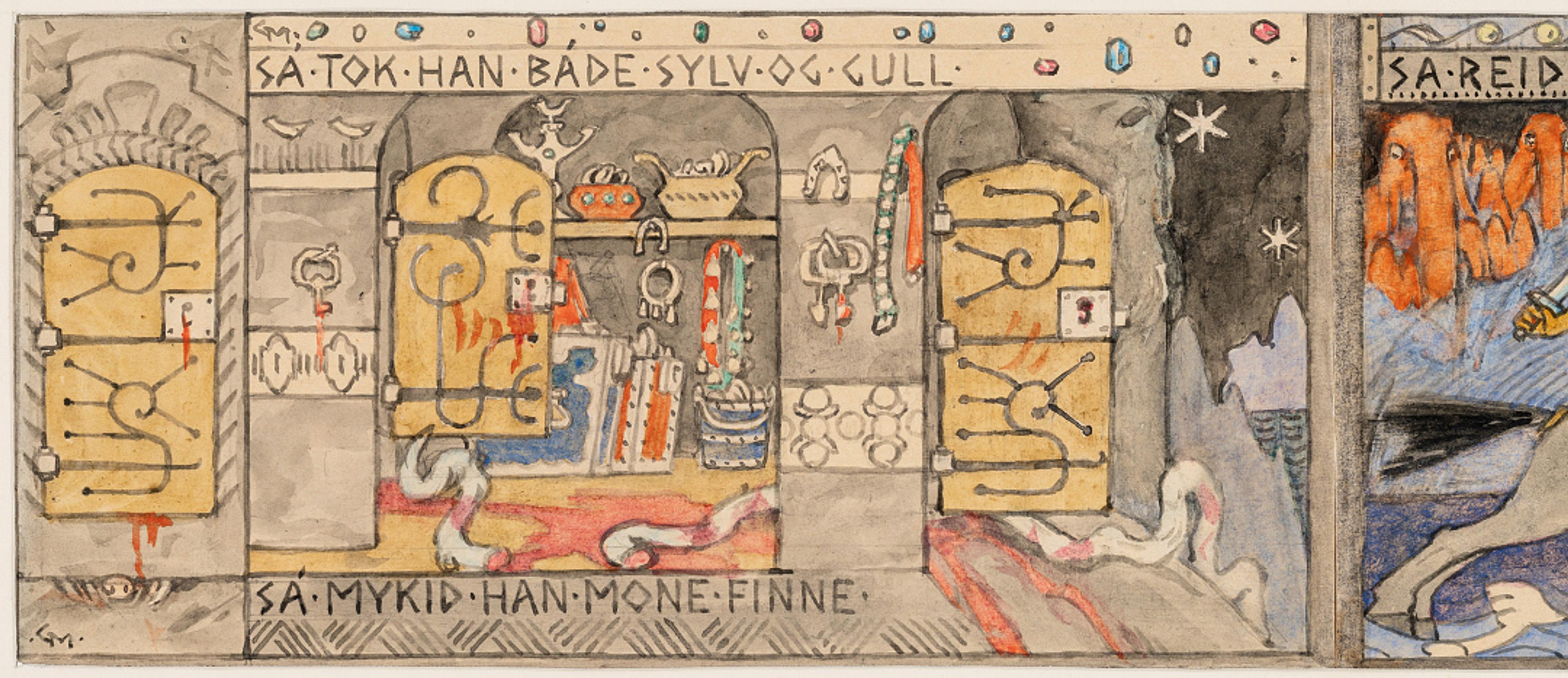 Åsmund tar med seg sølv og gull / Åsmund brings with him silver and gold, 1902–1904   Gerhard Munthe (1849–1929)  Akvarell, blekk og blyant på papir / Watercolor, ink and pencil on paper  Kode, Rasmus Meyers samlinger / The Rasmus Meyer Collection 