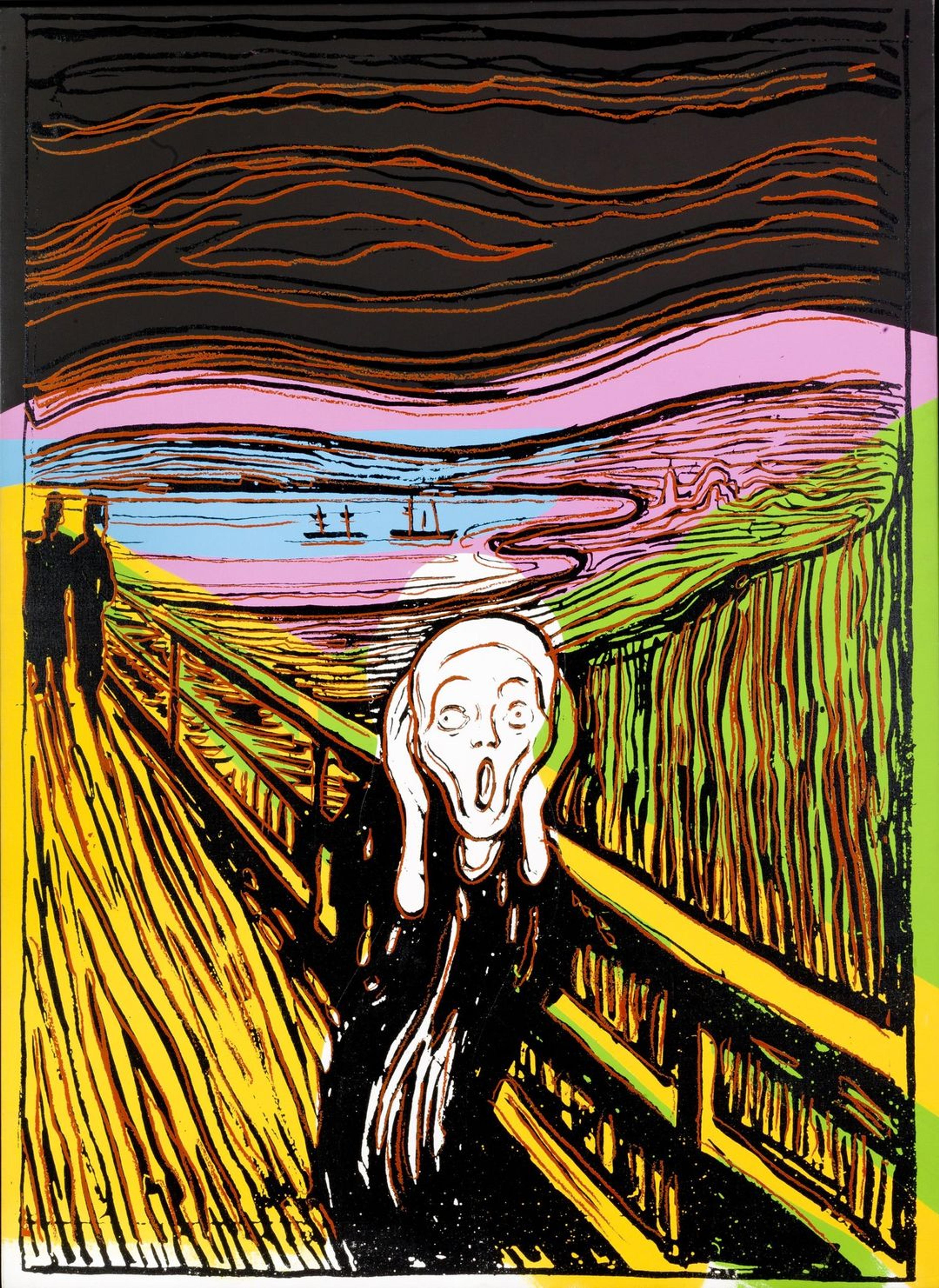 Et maleri som viser en skikkelse skrikende på en bro. Det er Andy Warhols versjon av et kjent motiv av Edvard Munch.