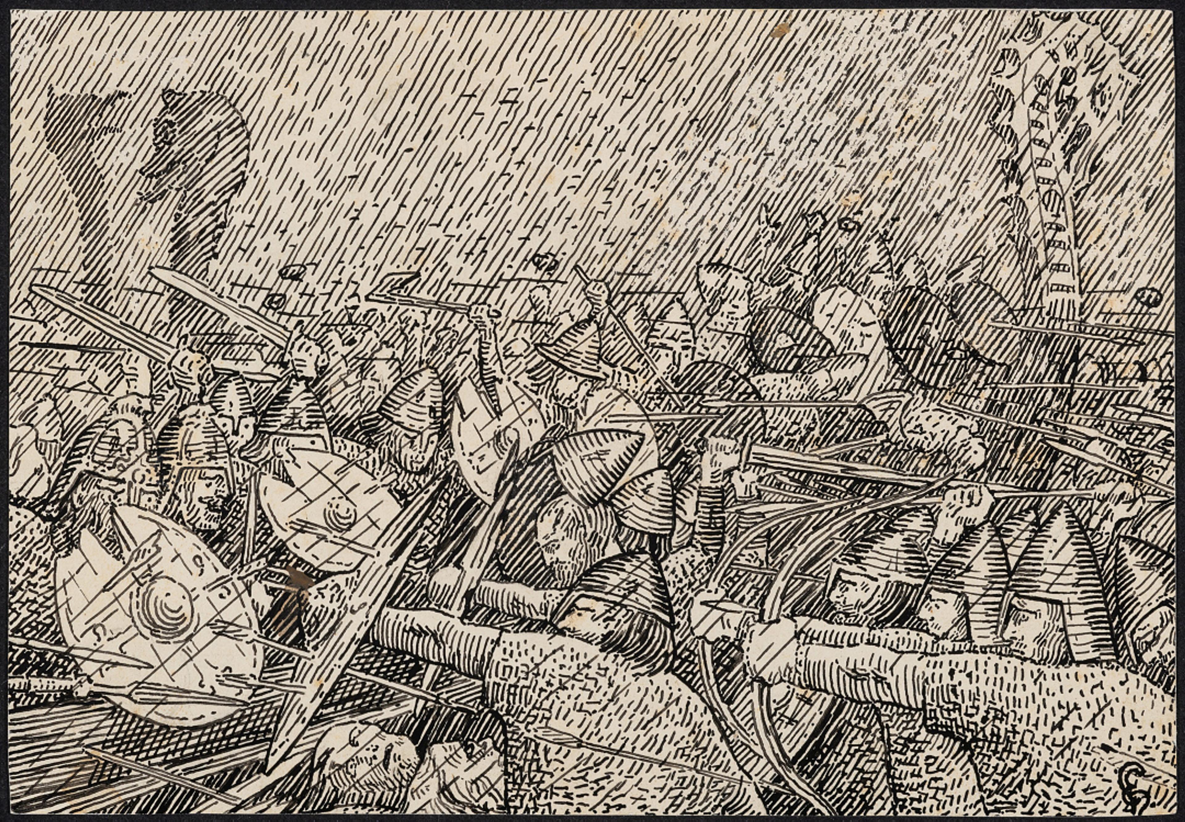 Uværet under slaget på Hjørungavåg / Storm during the Battle at Hjørungavåg, 1899 (est.)   Halfdan Egedius (1877–1899)		  Blekk på papir / Ink on paper  Kode, Rasmus Meyers samlinger / The Rasmus Meyer Collection