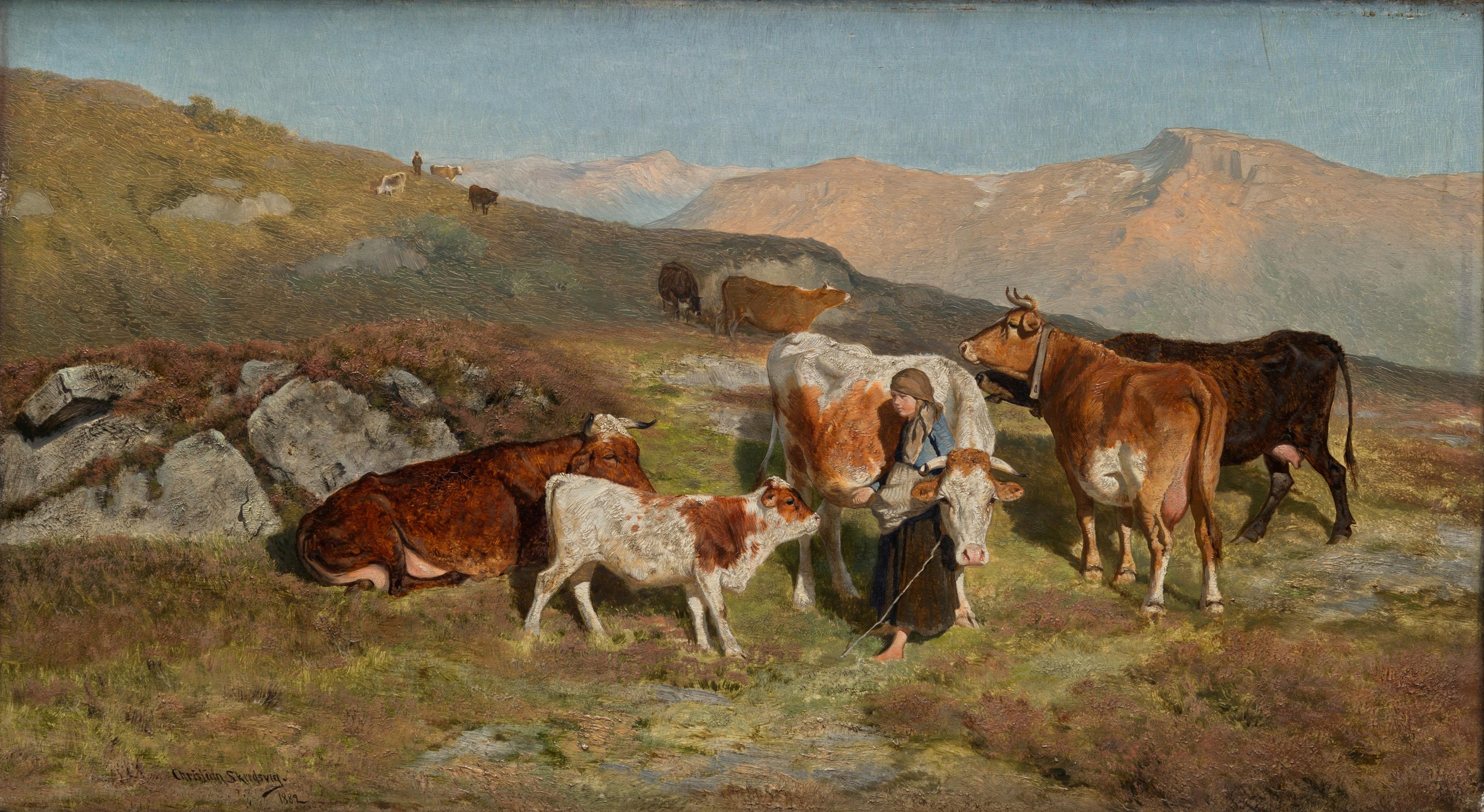 Nasjonalromantisk maleri med fjell og kyr og en budeie