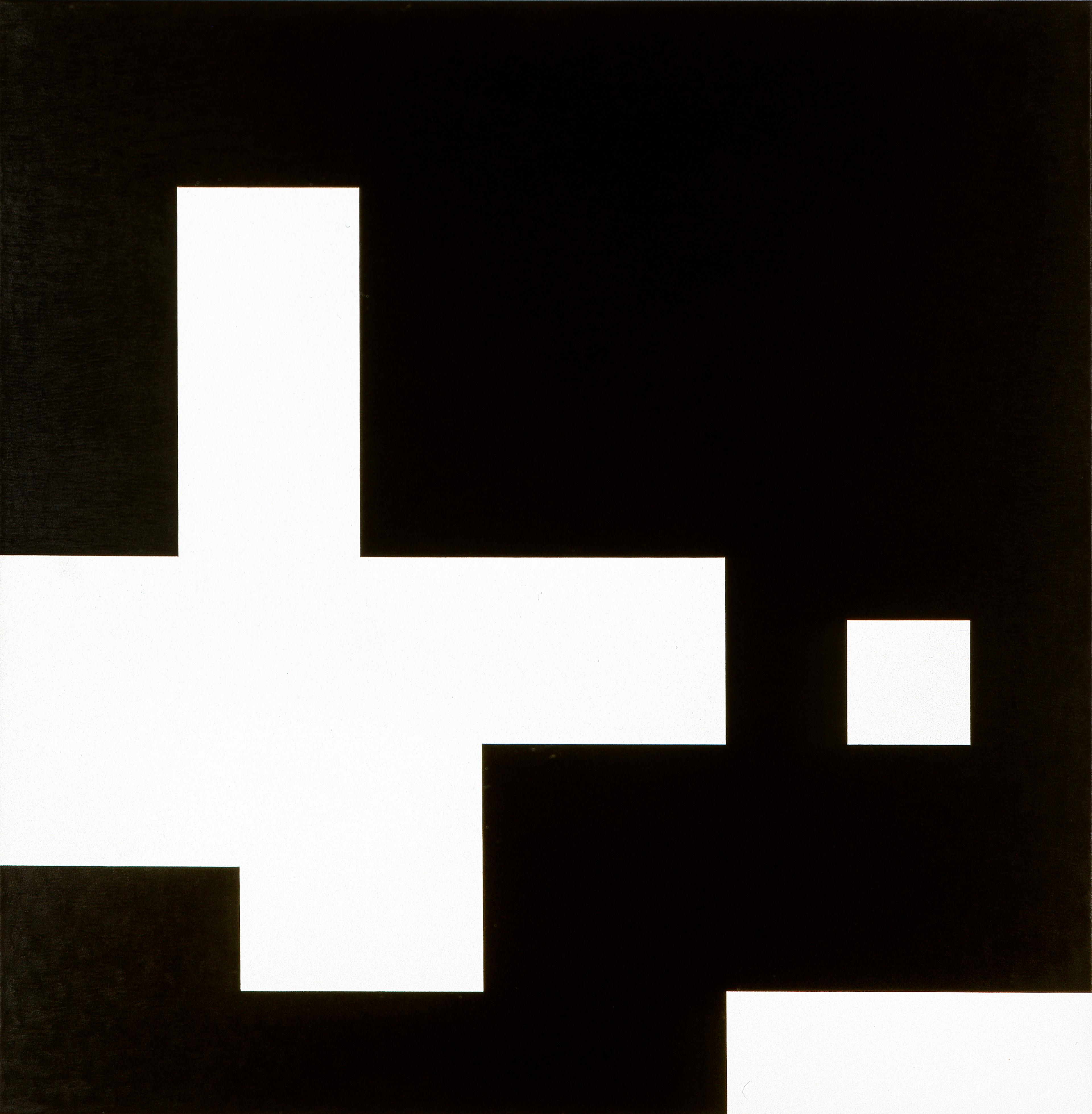 Et abstrakt bilde i firkantede former i sort og hvitt.