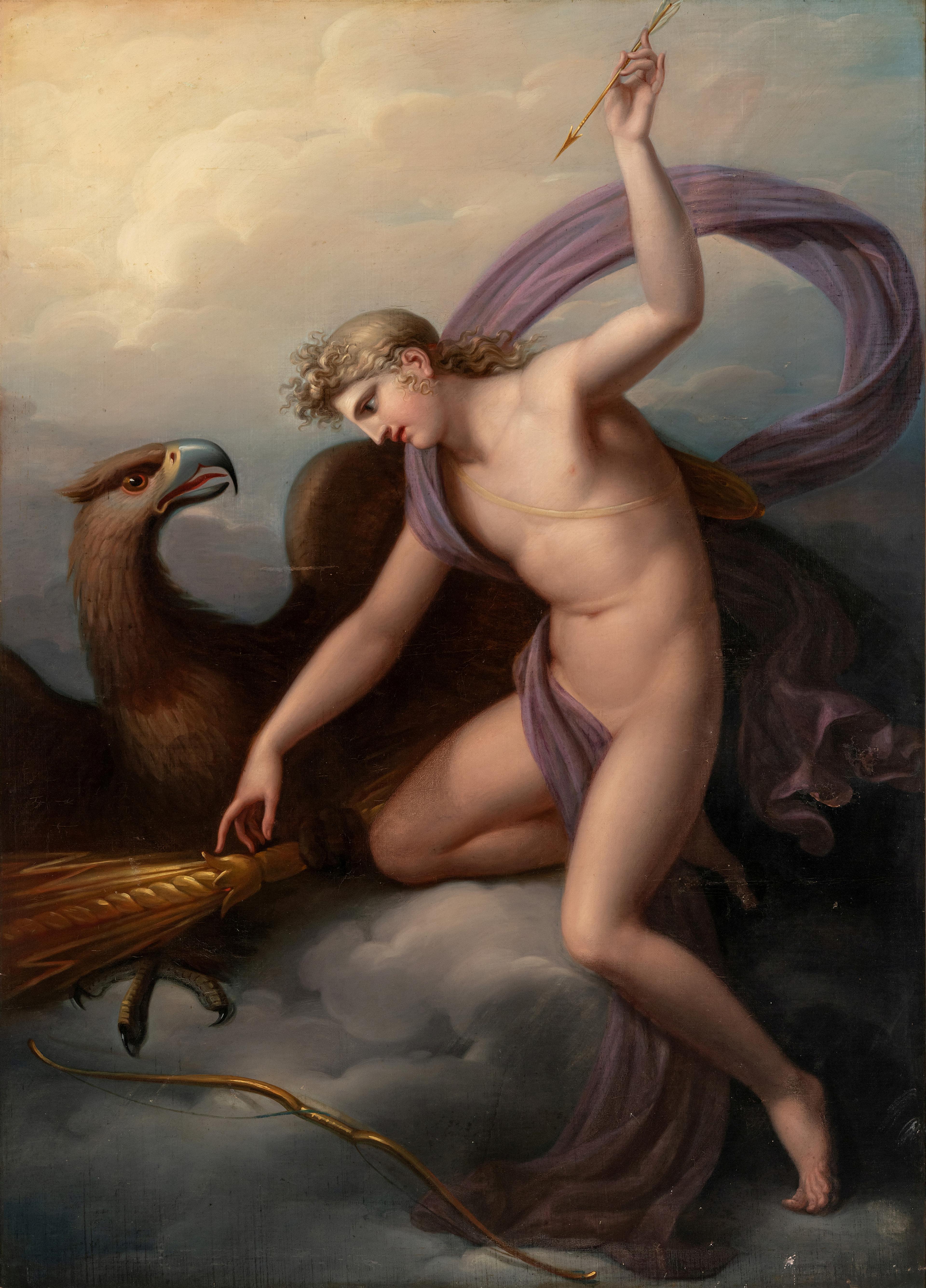 Maleri som viser en person fra en myte, som hever en pil mot en stor ørn.