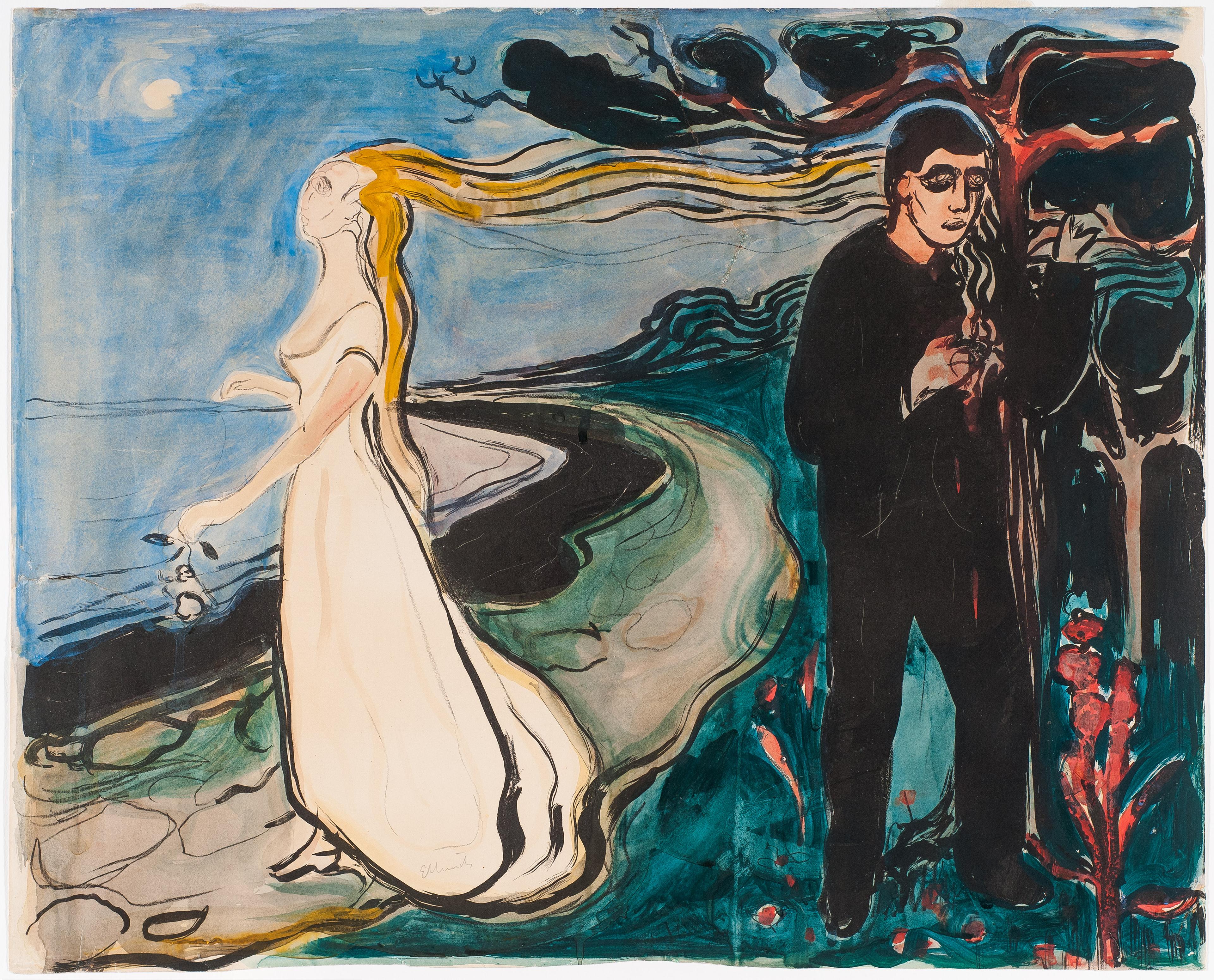 Et trykk av Munch som viser en kvinne i hvit kjole på en strand som stirrer mot horisonten, og en mann som står i skogkanten og klør seg i hodet.