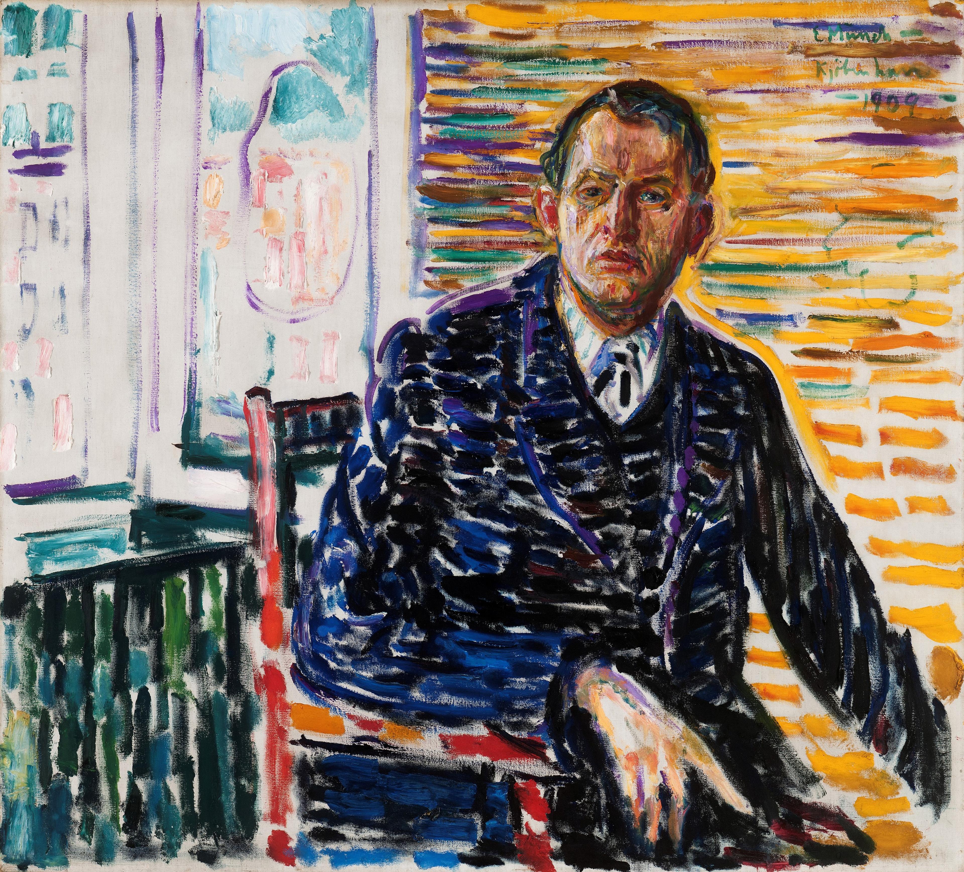 A colorful painting by Edvard Munch, depicting a self-portrait, where he is seated by a window.