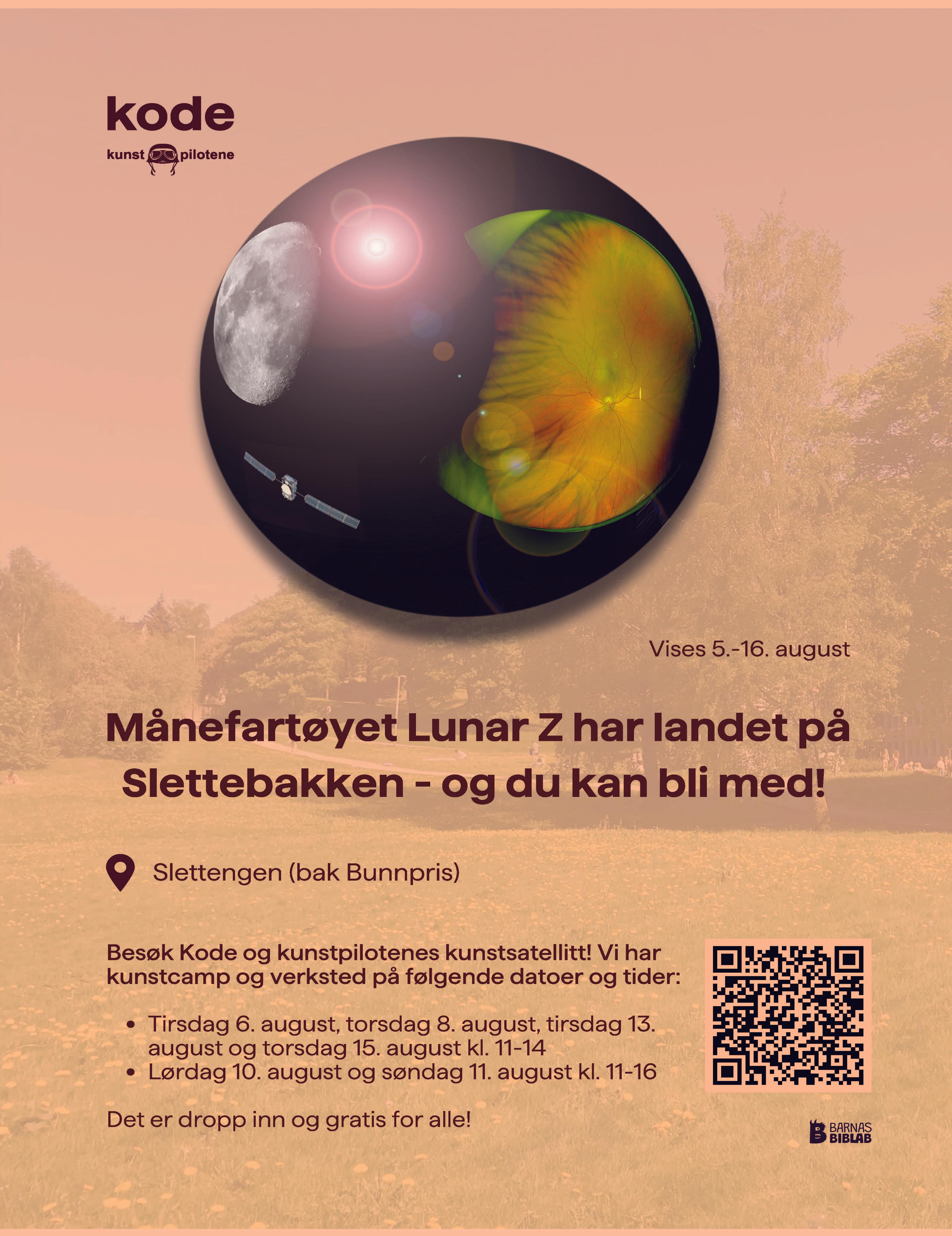 En plakat om et nytt kunstverksted for barn på sletten, viser en planetaktig figur samt informasjon i tråd med artikkelen.