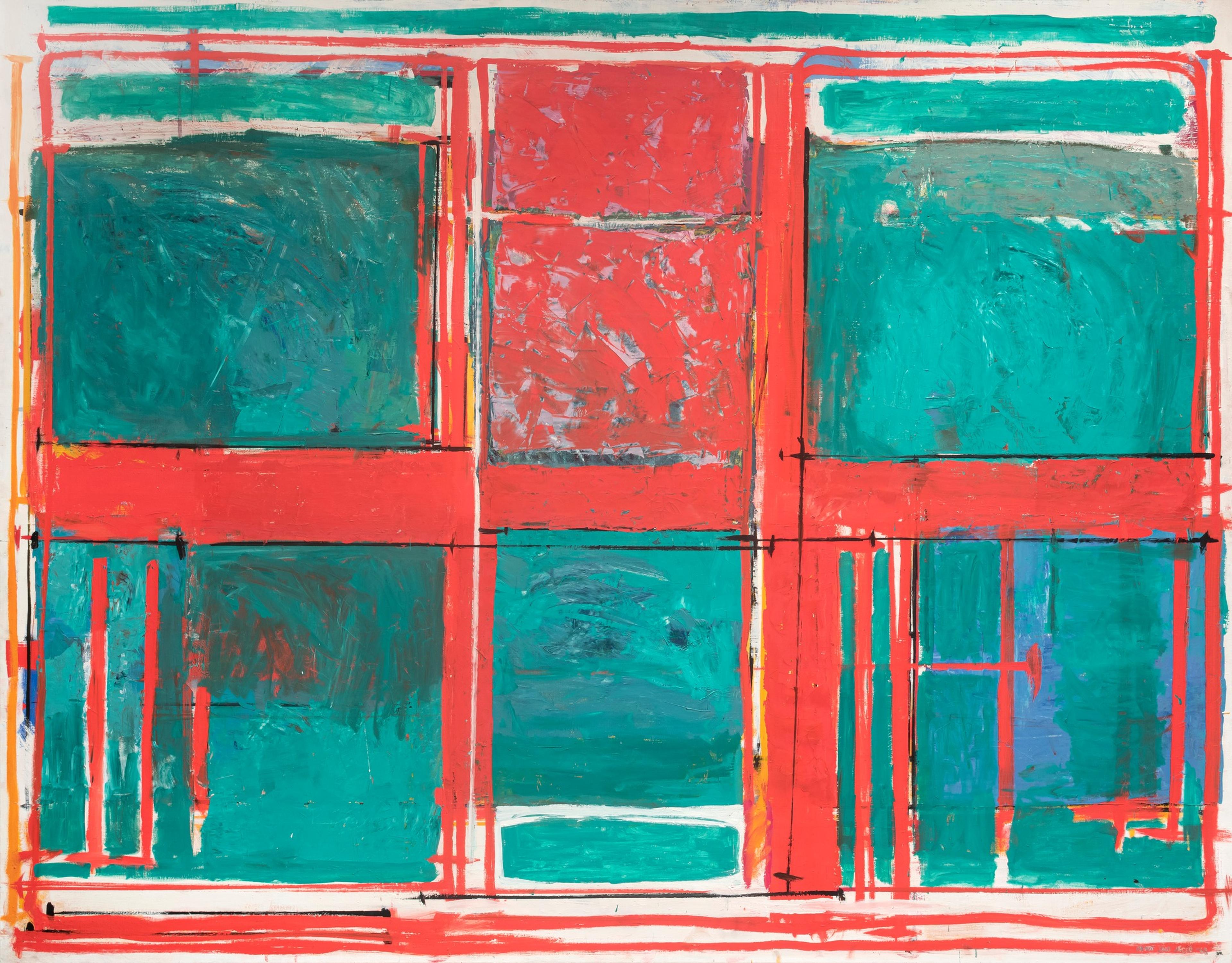 Et abstrakt maleri med røde og grønne flater i kvadrater og rektangler