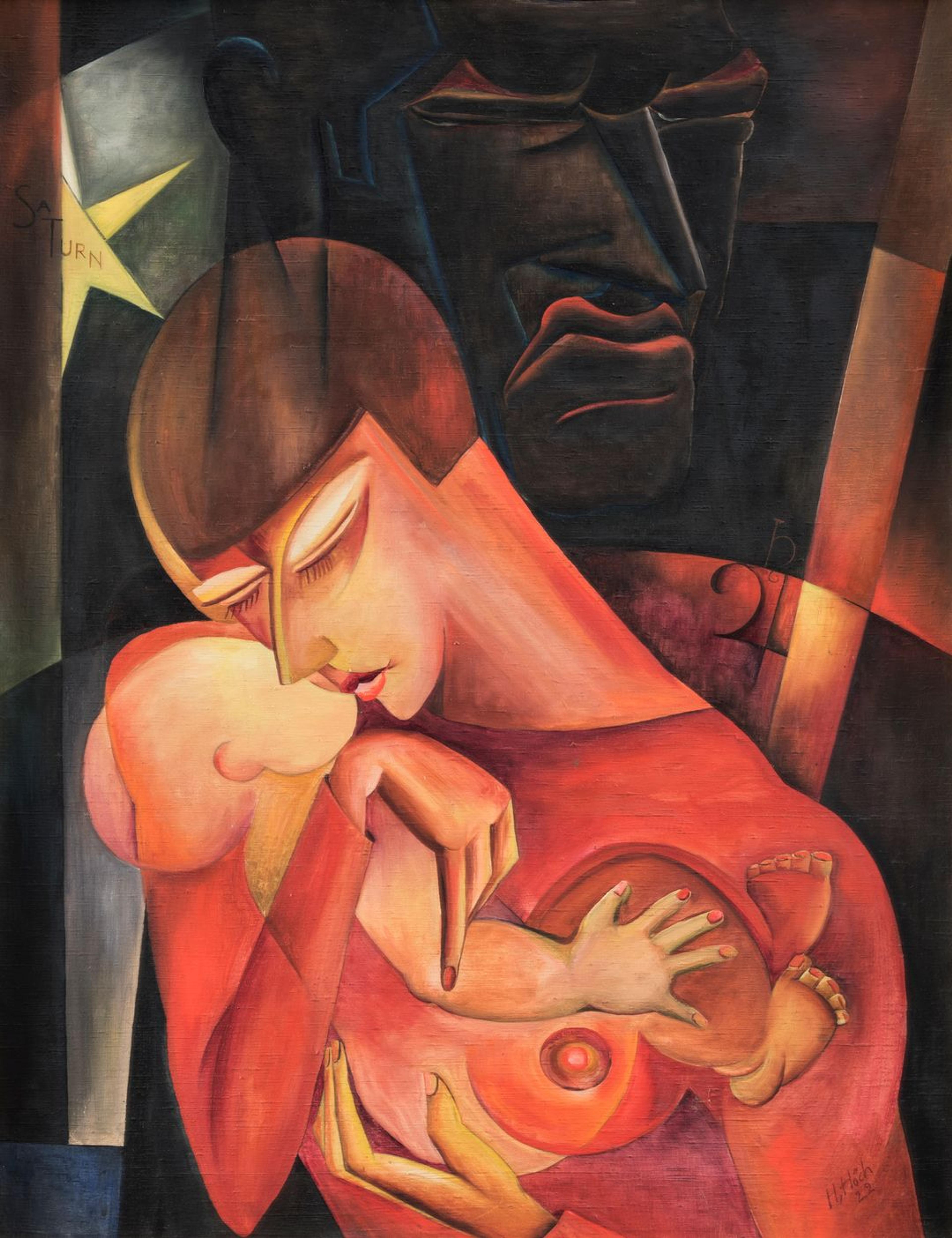Et maleri som viser en kvinne som holder et barn tett mot brystet, mens vi kan skimte ansiktet til en mann truende i bakgrunnen