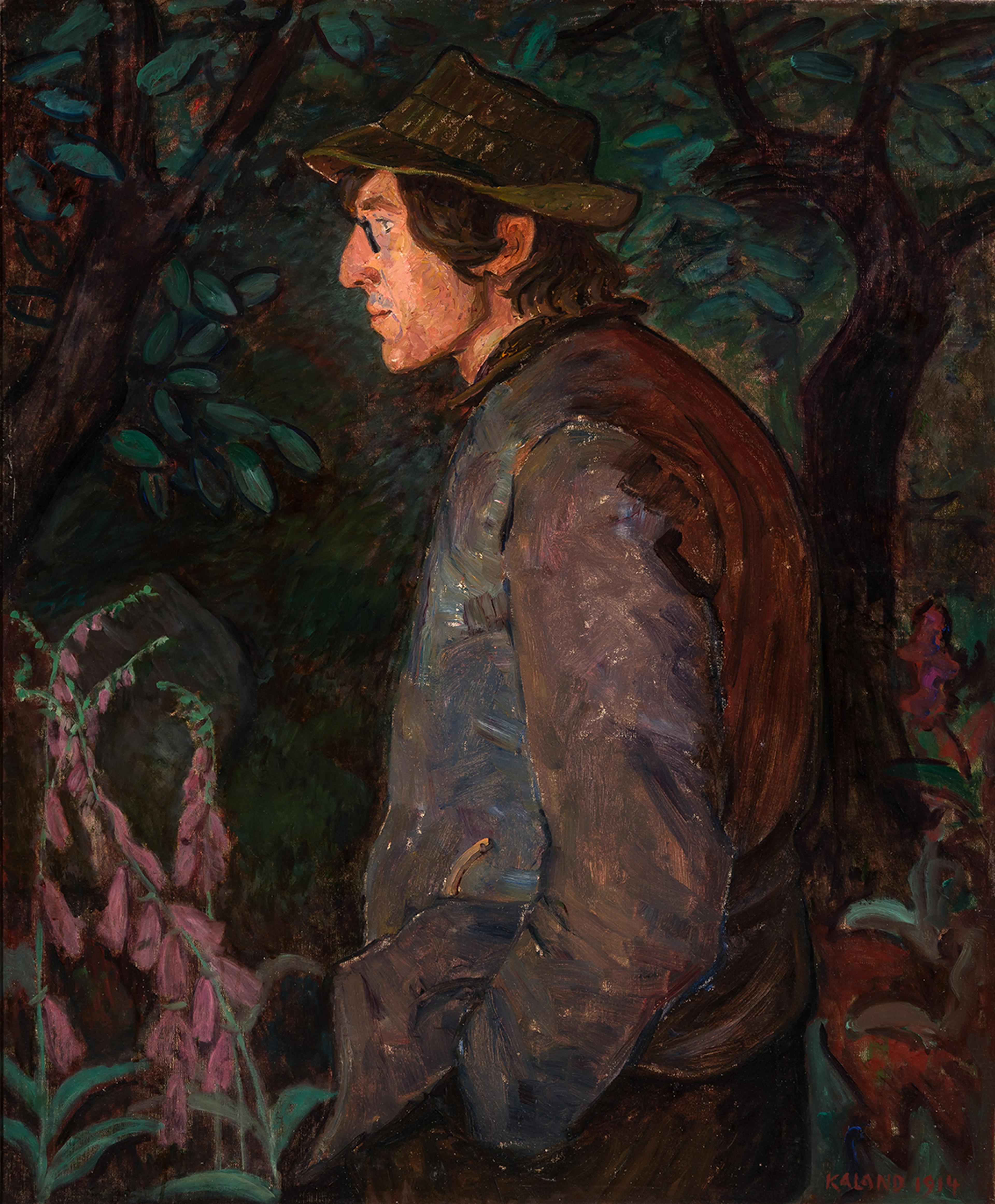 Et maleri som viser et portrett av Nikolai Astrup. Han er framstilt i profil, omgitt av blomster og planter.