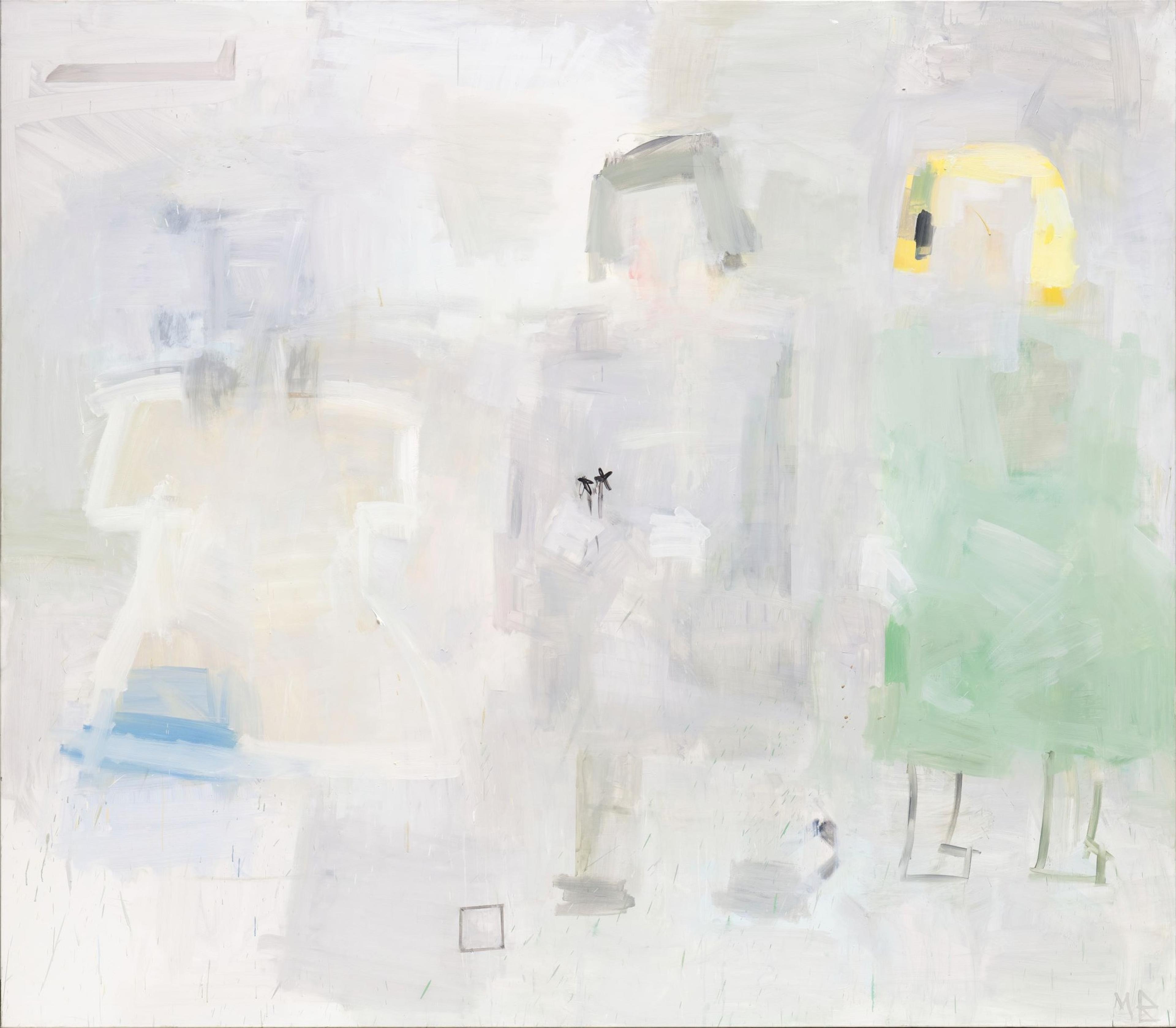 Et abstrahert maleri hvor vi kan skimte tre skikkelser som ligner barn, malt i lyse grå, lilla og grønne toner.