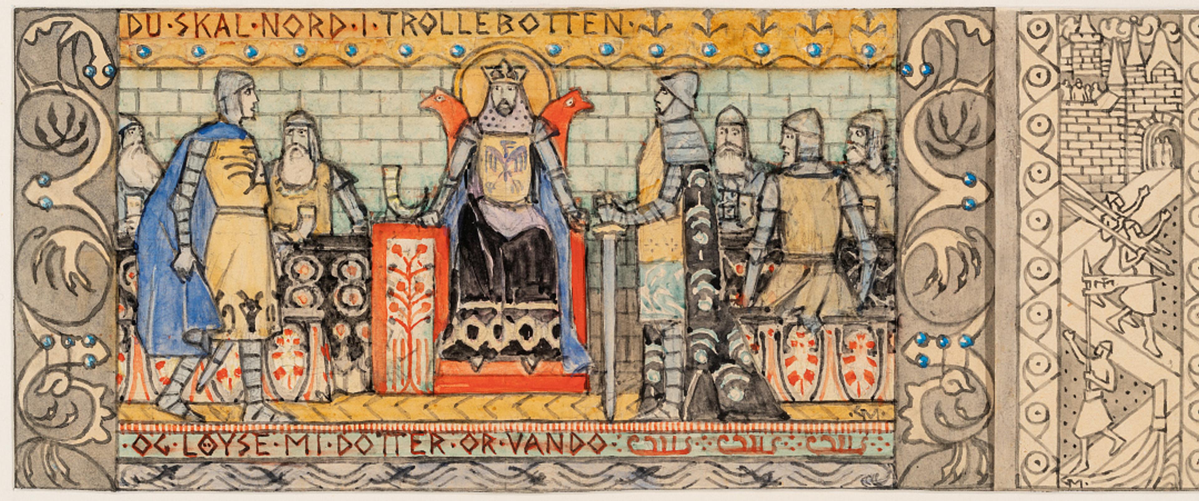 Åsmund i Kongens hall / Åsmund in the Kings Hall, 1902–1904  Gerhard Munthe (1849–1929)	  Akvarell, blekk og blyant på papir / Watercolor, ink and pencil on paper  Kode, Rasmus Meyers samlinger / The Rasmus Meyer Collection