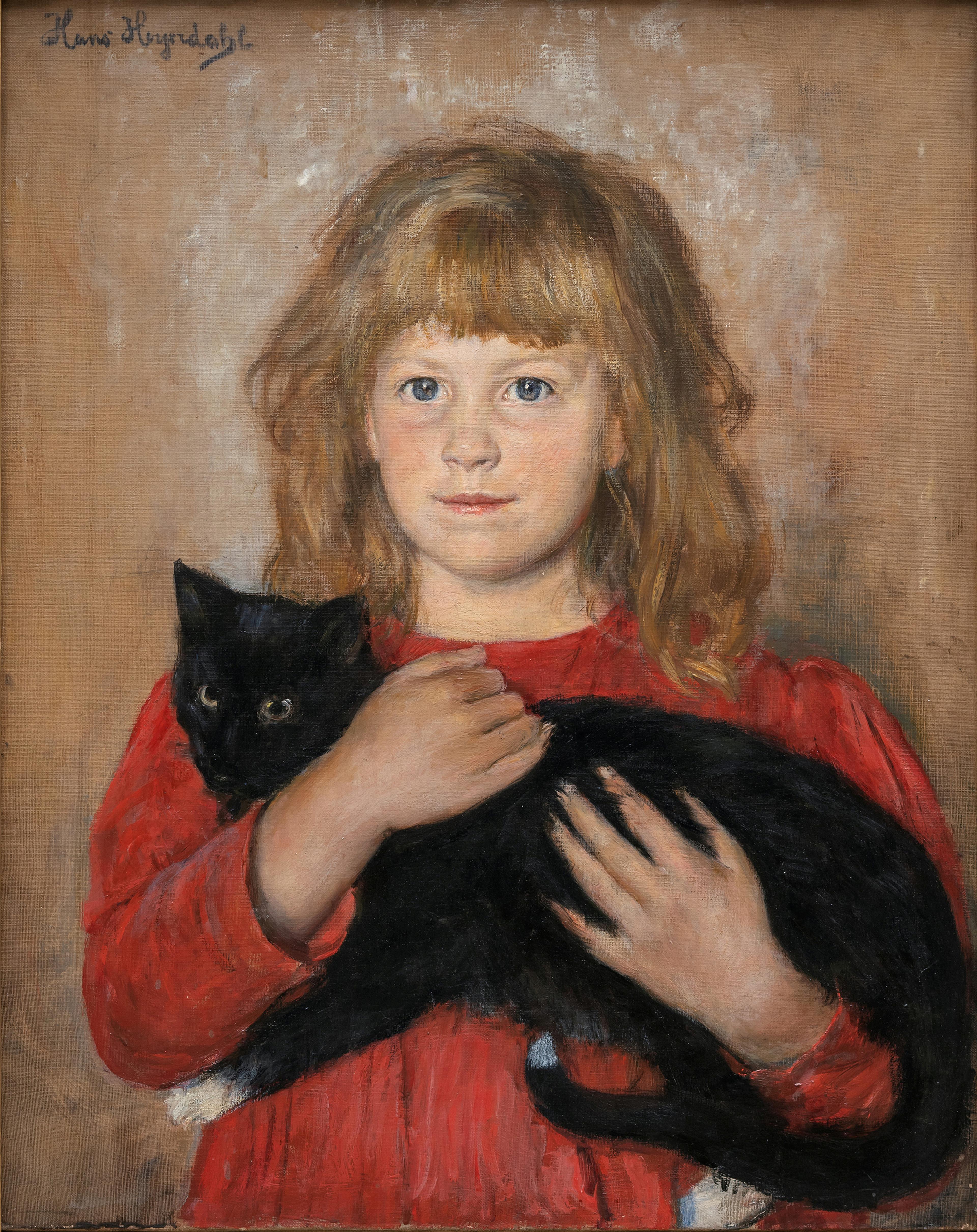 Maleri av en jente i rød kjole som holder en svart katt.