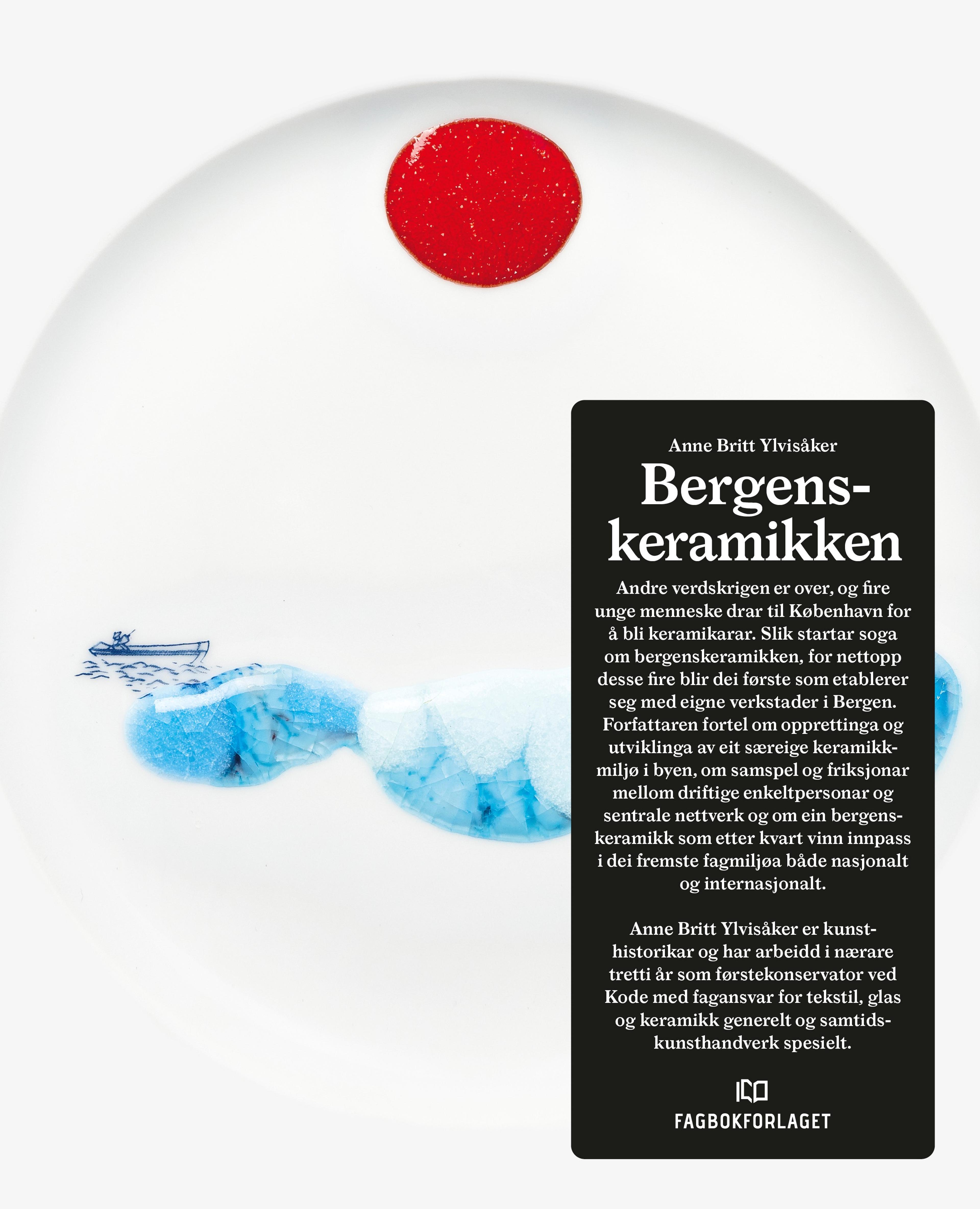 Et fotografi av en bok om keramikk, med et hvitt fat med dekor på forsiden
